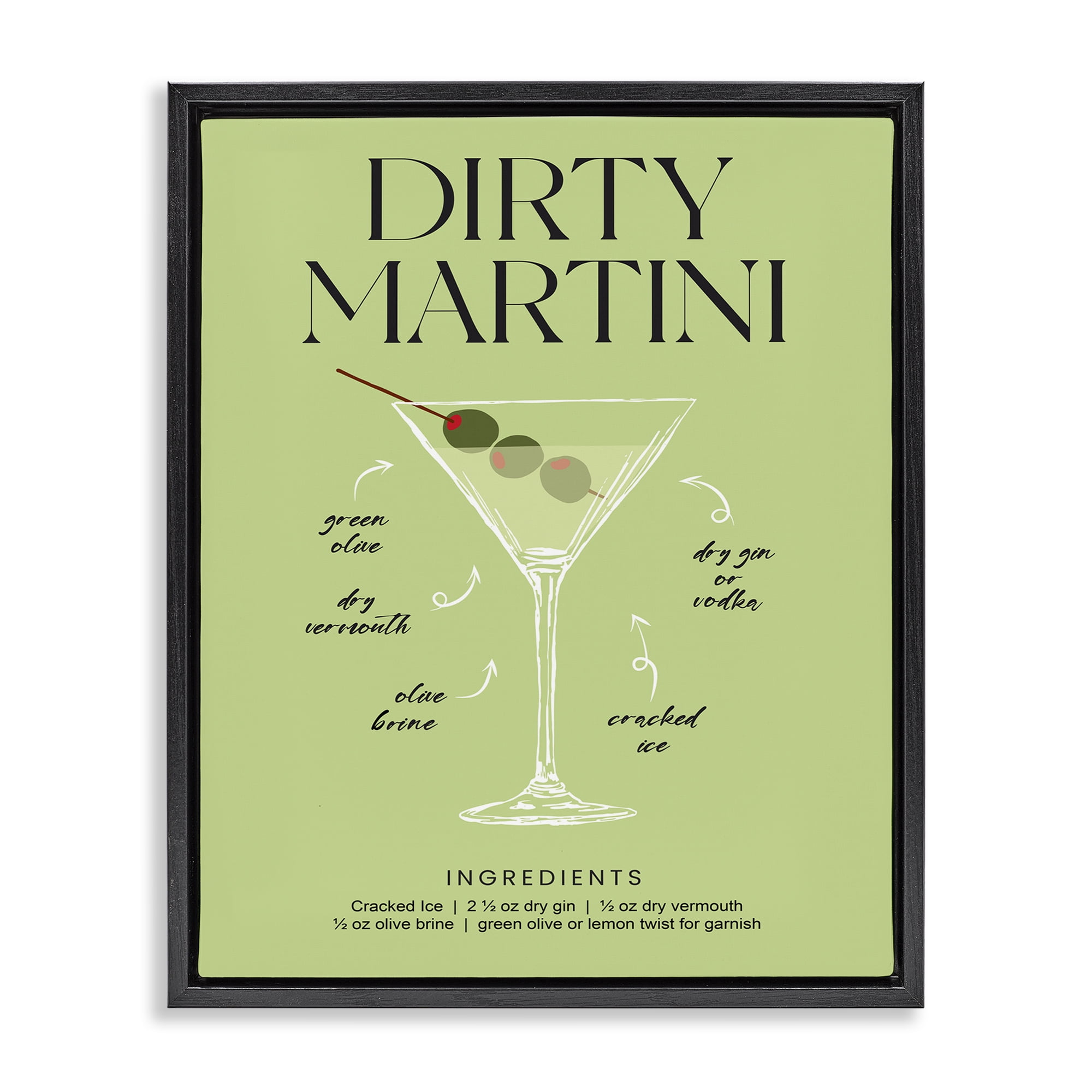 Stupell Industries Dirty Martini Green Recipe Black Framed Floater Canvas Wall Art, design by Lettered and Lined