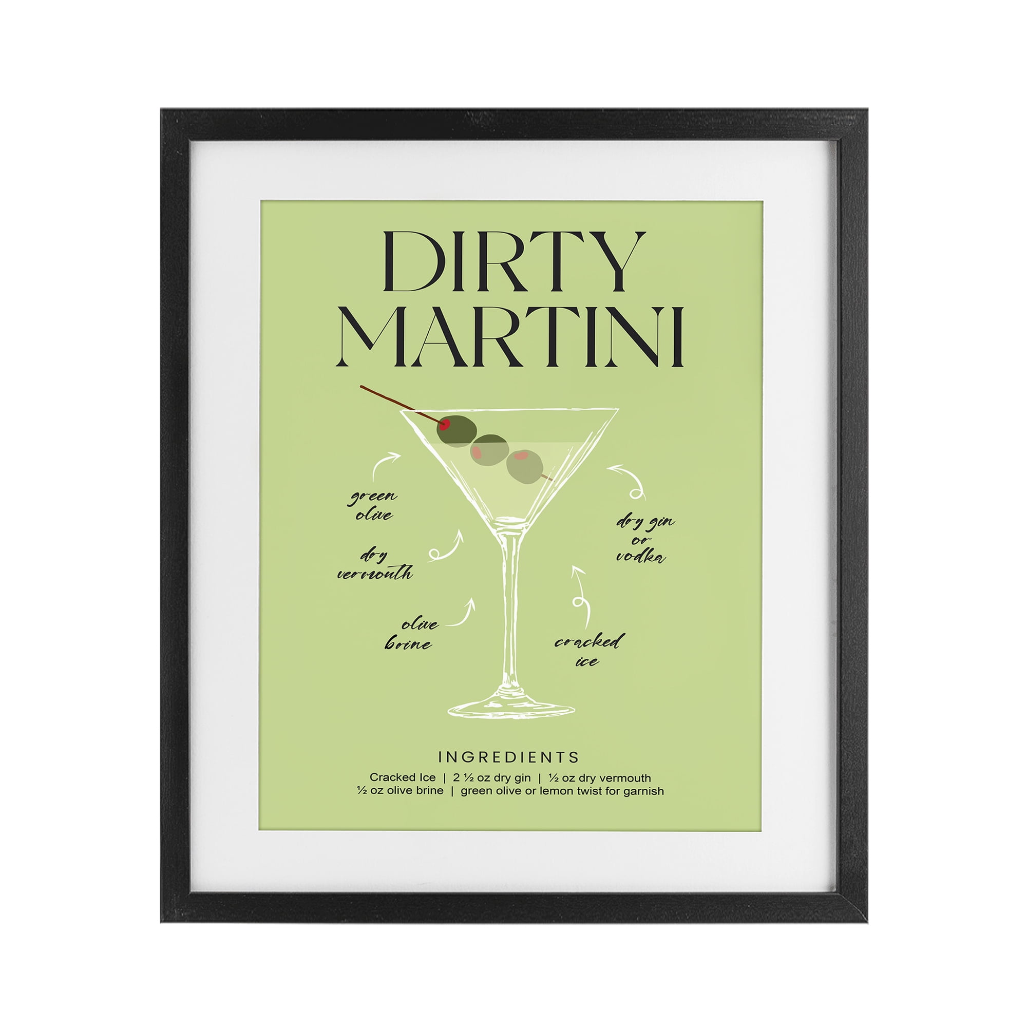 Stupell Industries Dirty Martini Green Recipe Black Framed Print Under Glass, design by Lettered and Lined