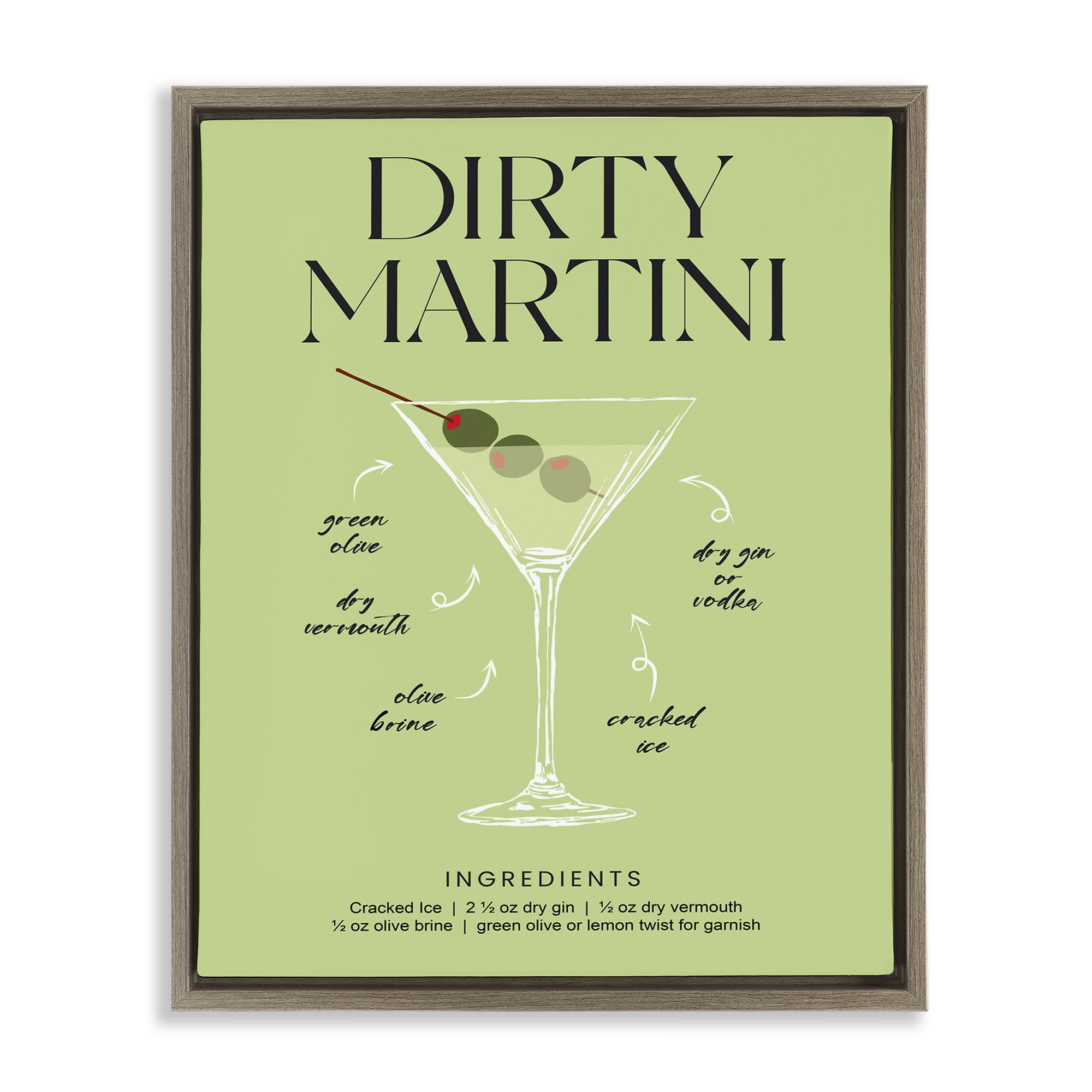 Stupell Industries Dirty Martini Green Recipe Brown Framed Floater Canvas Wall Art, design by Lettered and Lined