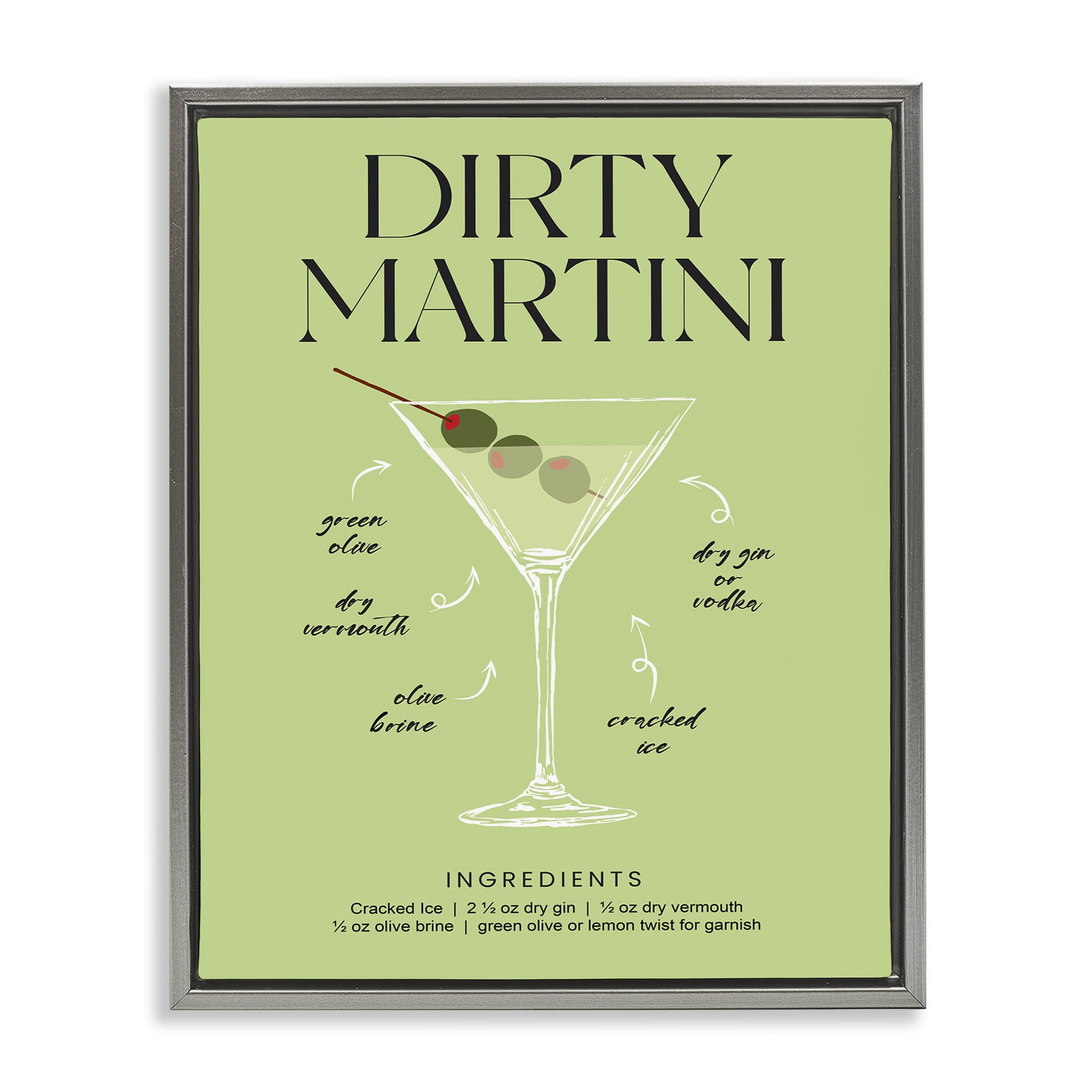 Stupell Industries Dirty Martini Green Recipe Gray Framed Floater Canvas Wall Art, design by Lettered and Lined
