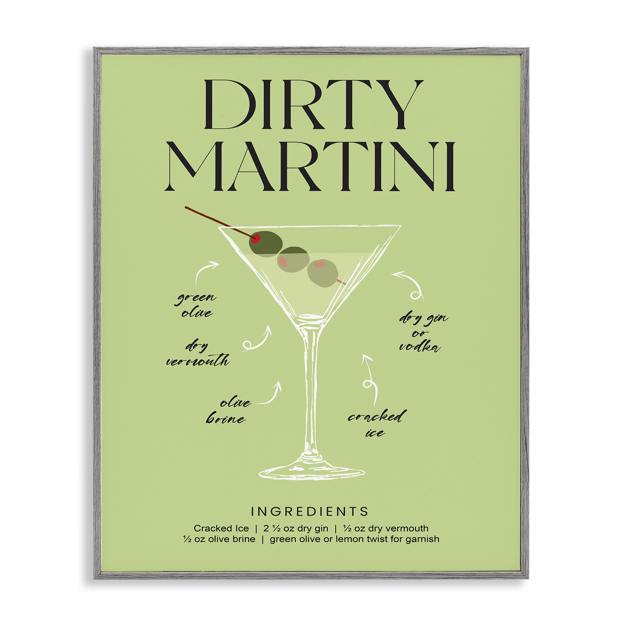 Stupell Industries Dirty Martini Green Recipe Gray Framed Giclee Art, design by Lettered and Lined