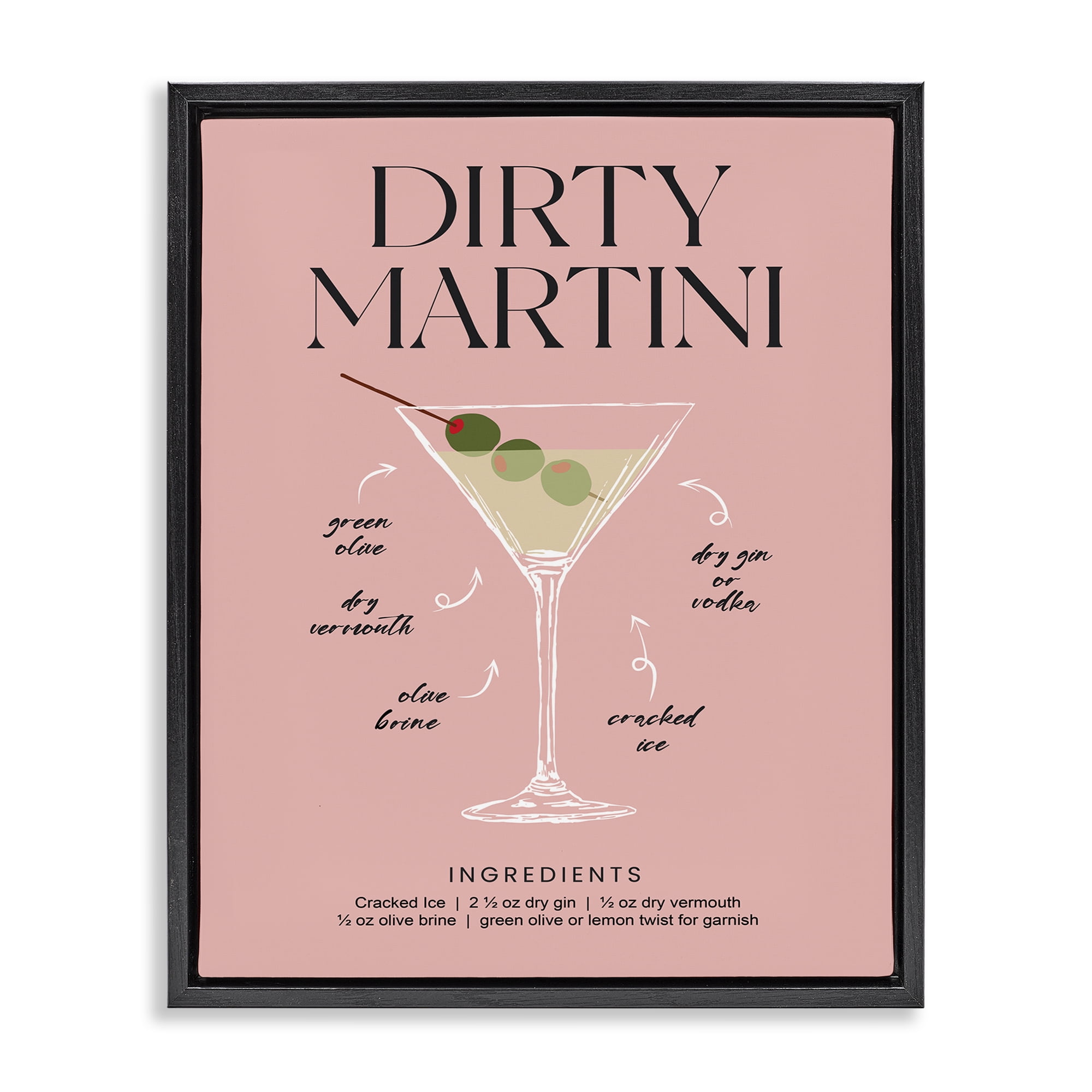 Stupell Industries Dirty Martini Pink Recipe Black Framed Floater Canvas Wall Art, design by Lettered and Lined