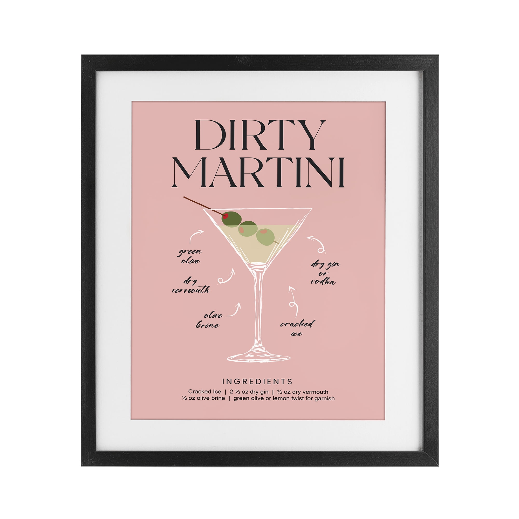 Stupell Industries Dirty Martini Pink Recipe Black Framed Print Under Glass, design by Lettered and Lined