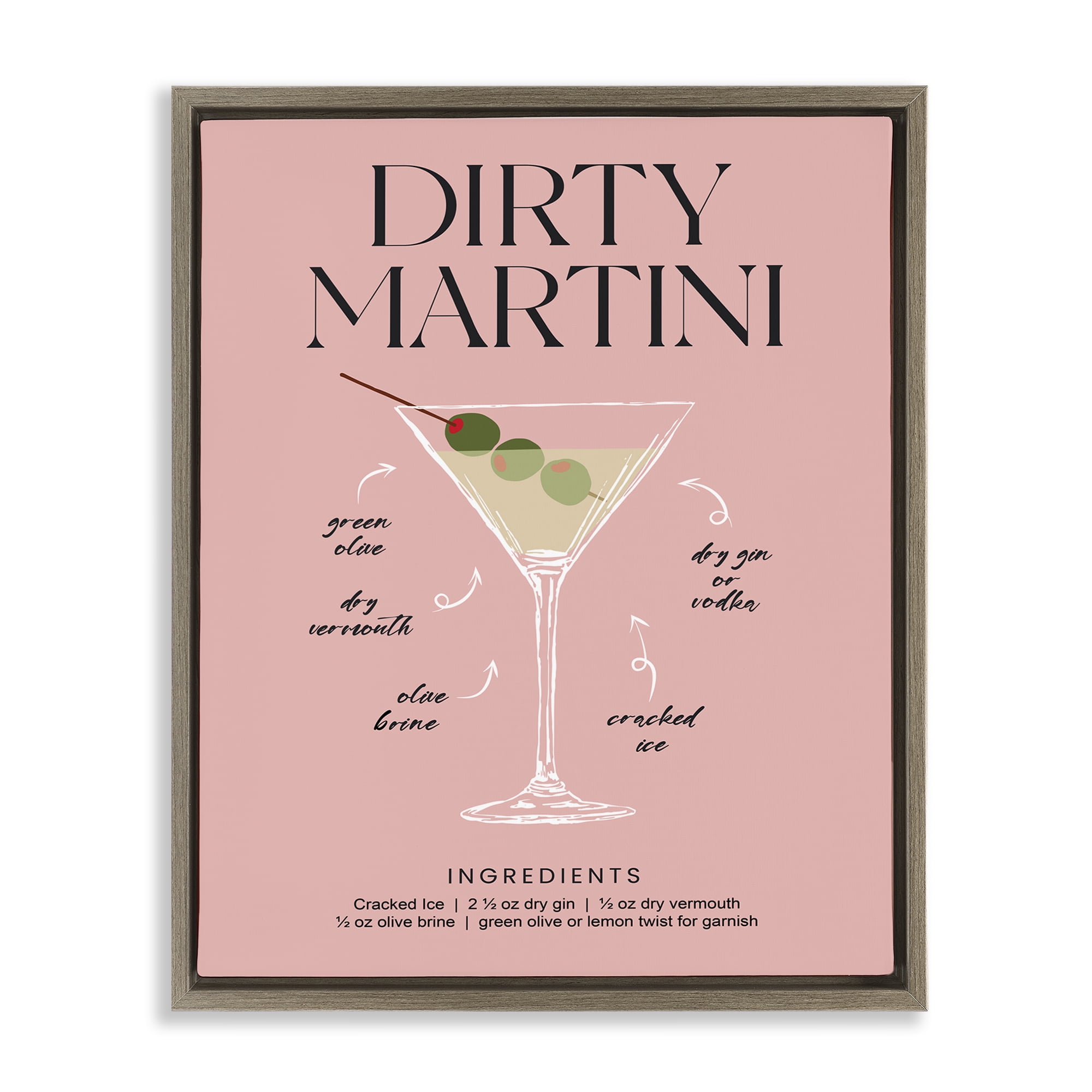 Stupell Industries Dirty Martini Pink Recipe Brown Framed Floater Canvas Wall Art, design by Lettered and Lined