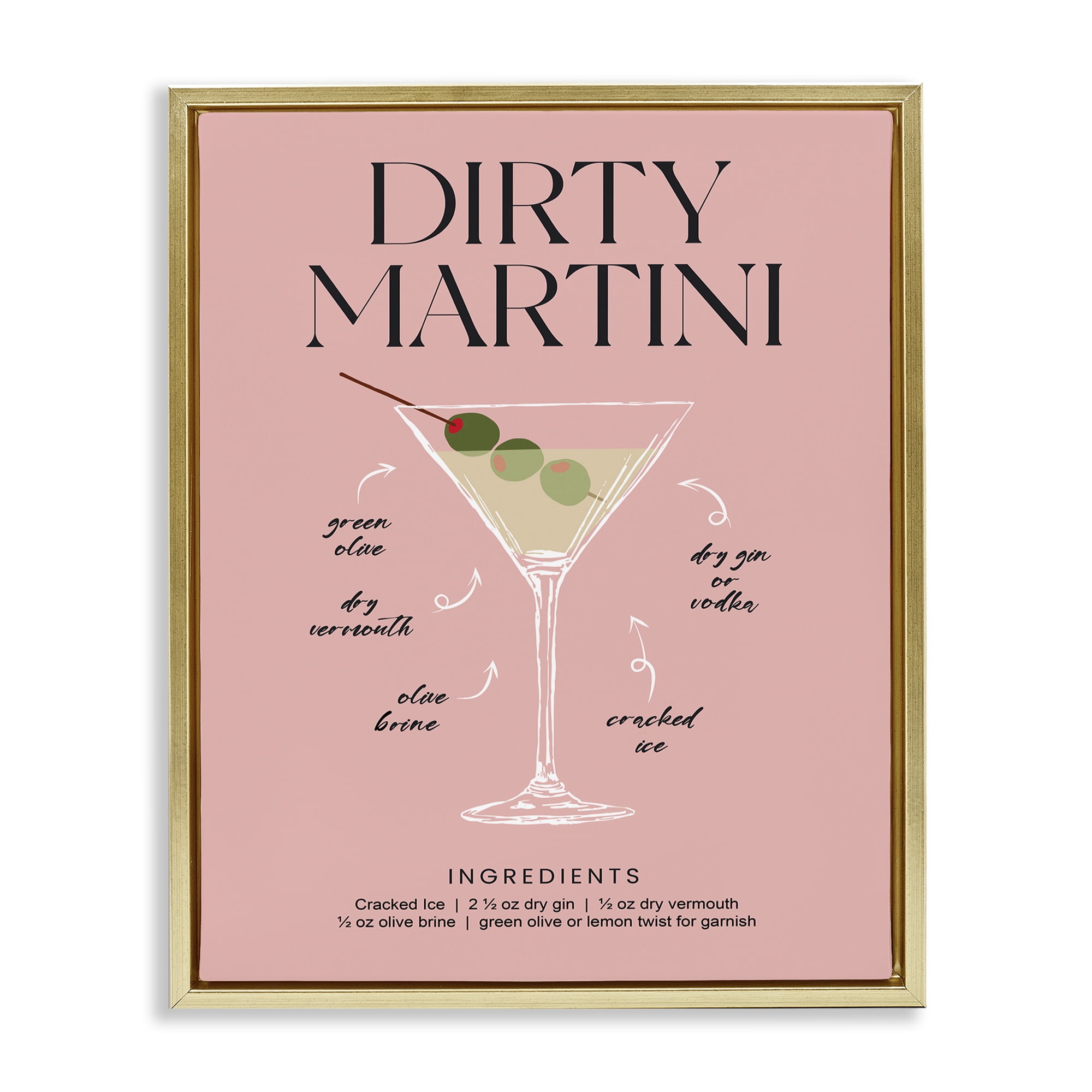 Stupell Industries Dirty Martini Pink Recipe Gold Framed Floater Canvas Wall Art, design by Lettered and Lined