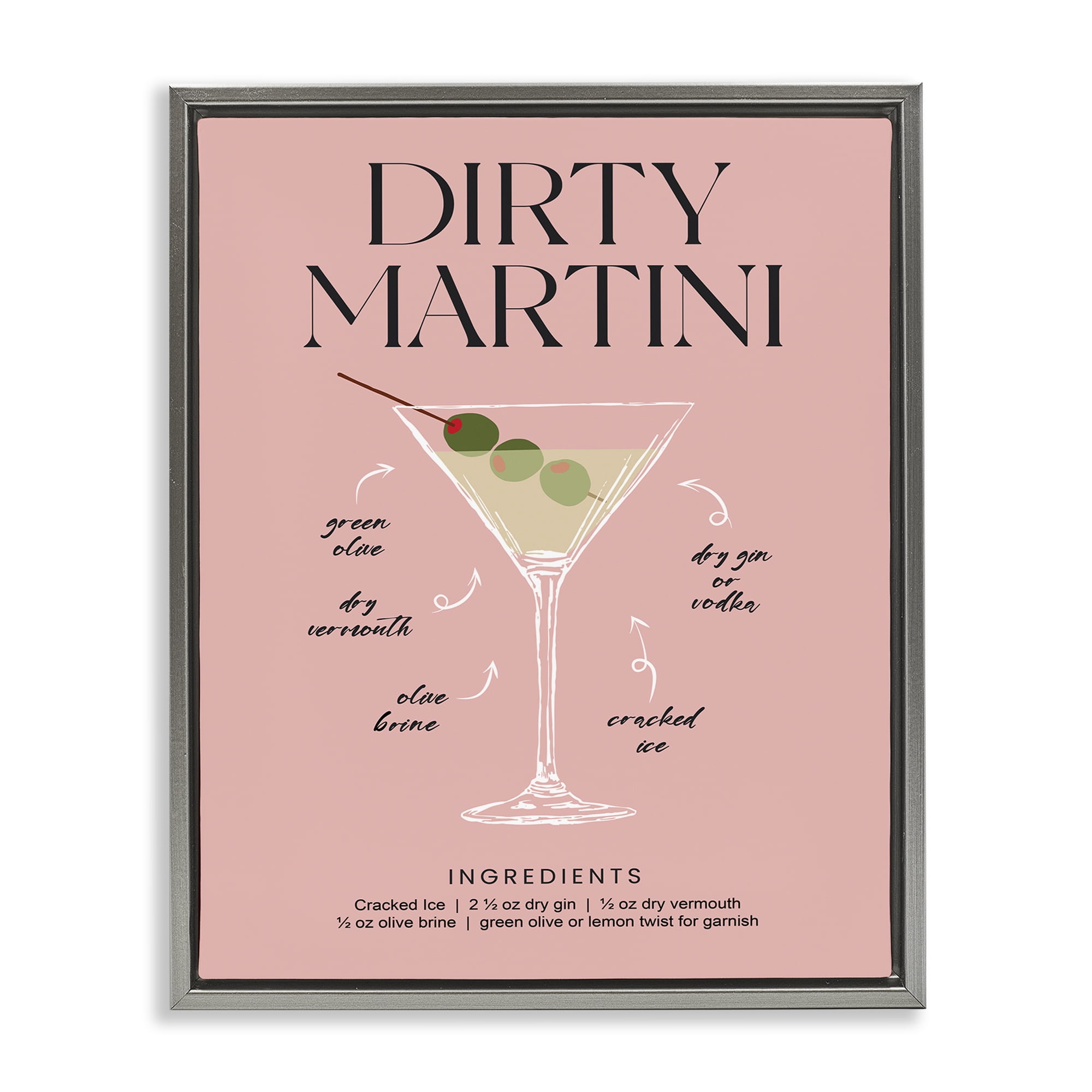 Stupell Industries Dirty Martini Pink Recipe Gray Framed Floater Canvas Wall Art, design by Lettered and Lined