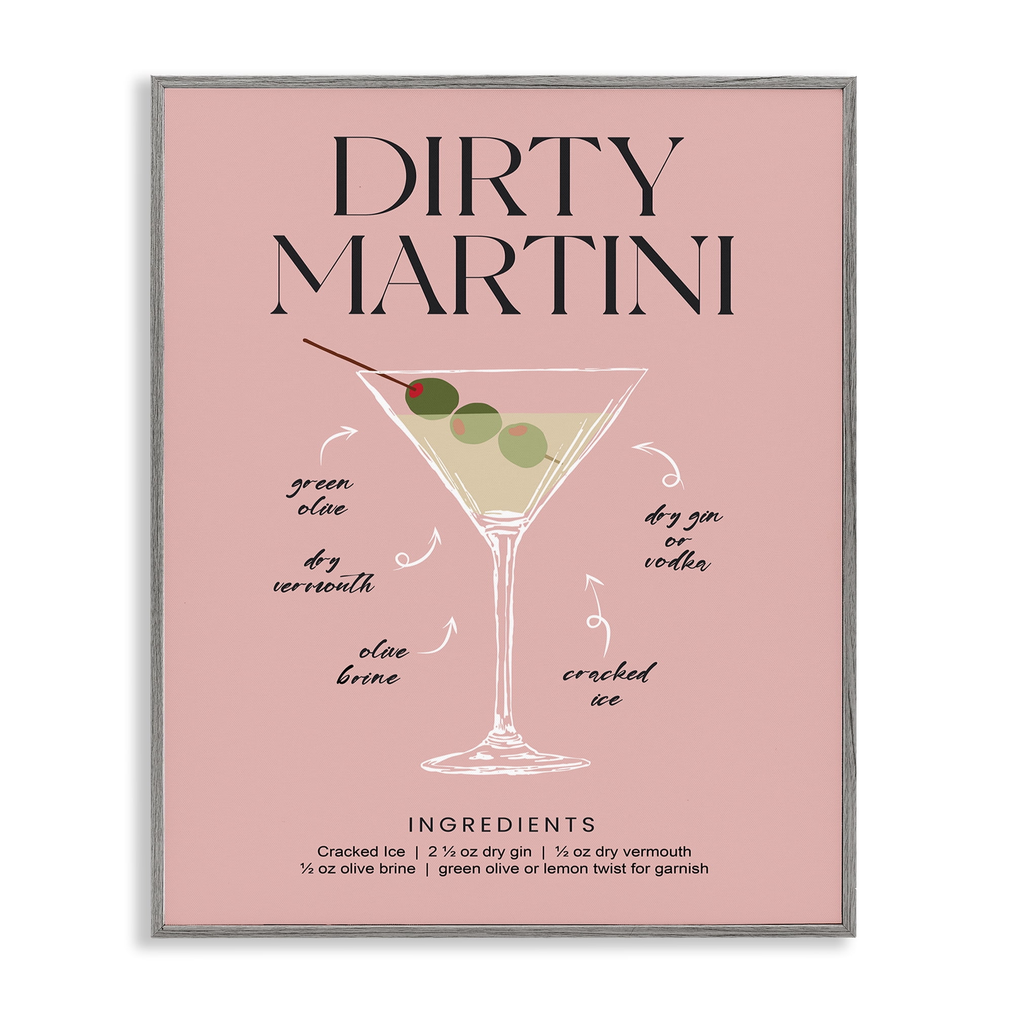 Stupell Industries Dirty Martini Pink Recipe Gray Framed Giclee Art, design by Lettered and Lined