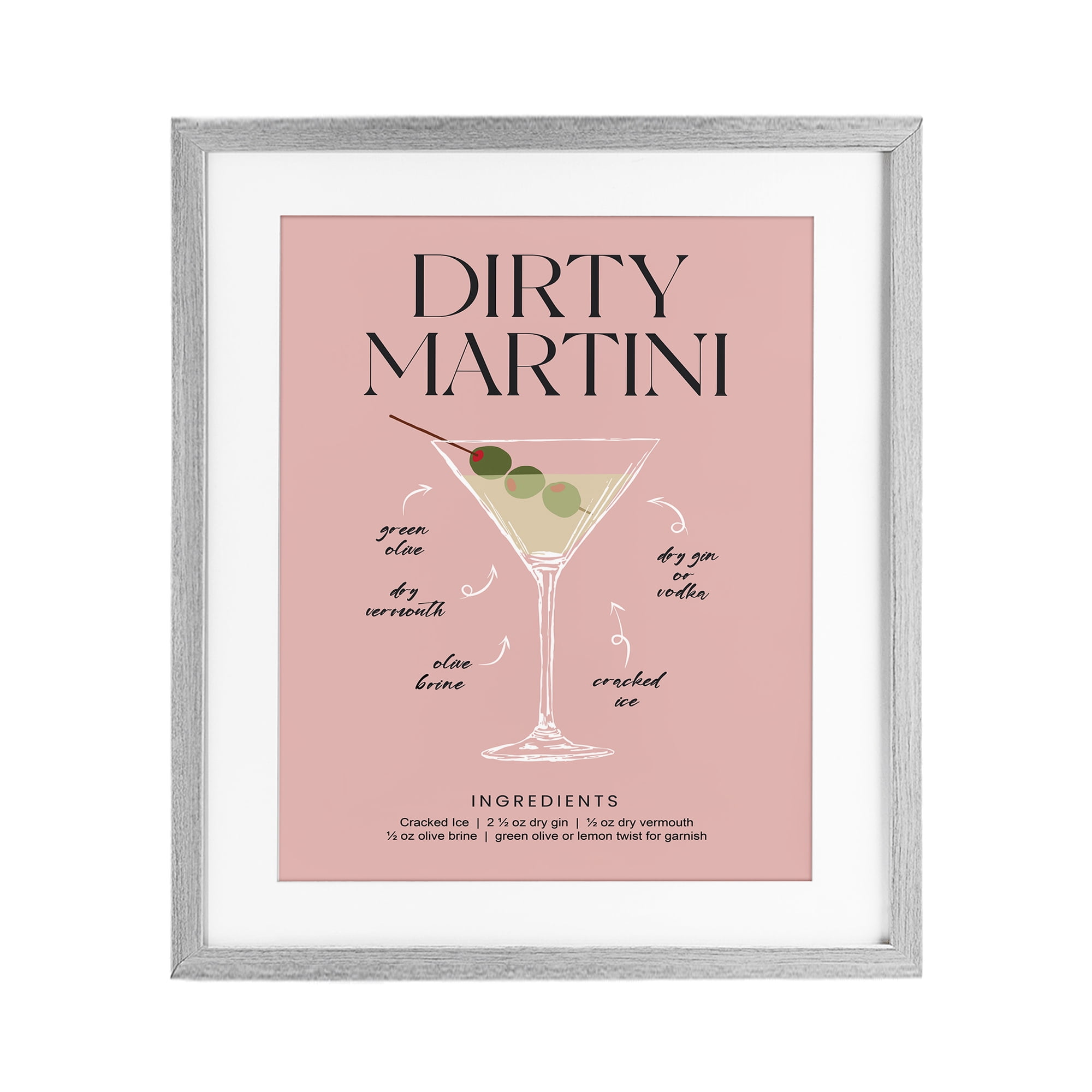 Stupell Industries Dirty Martini Pink Recipe Gray Framed Print Under Glass, design by Lettered and Lined