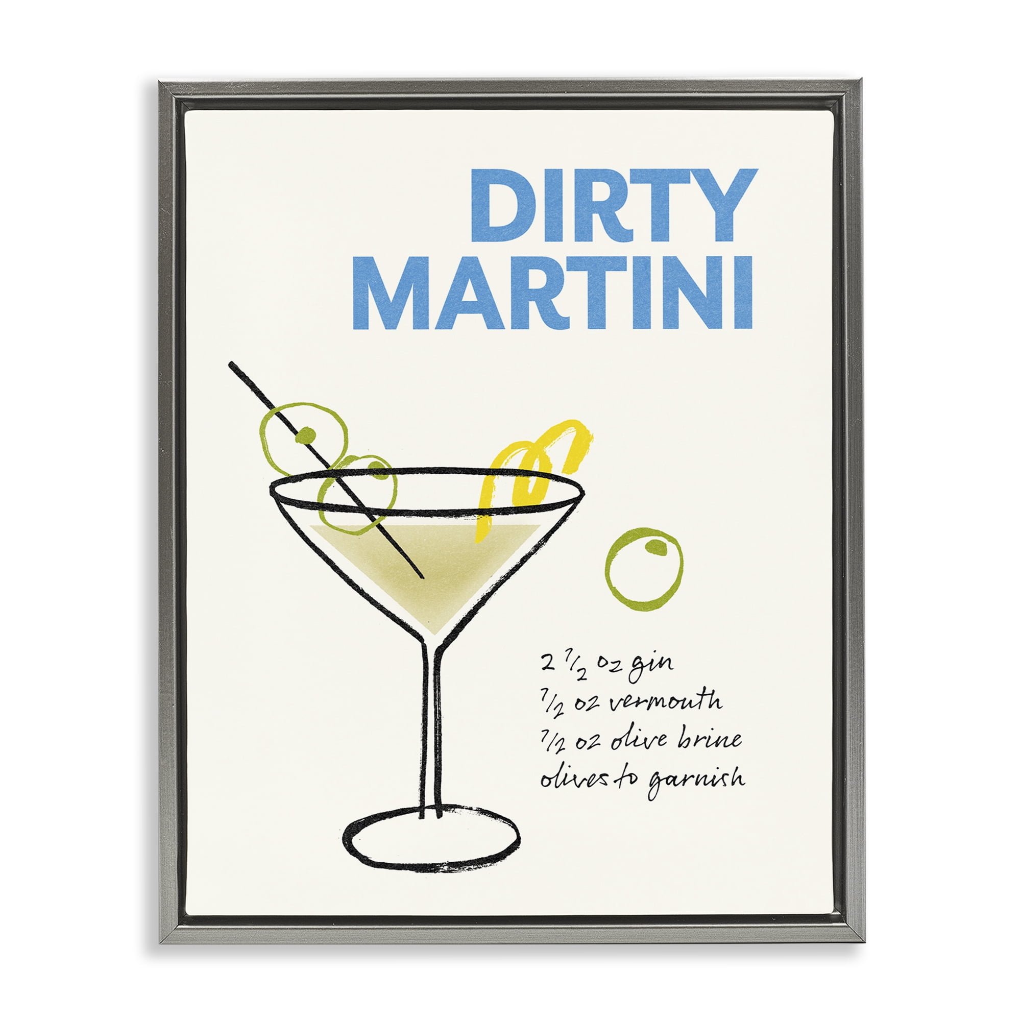 Stupell Industries Dirty Martini Recipe Food & Beverage Painting Gray Floater Framed Art Print Wall Art, 17 x 21