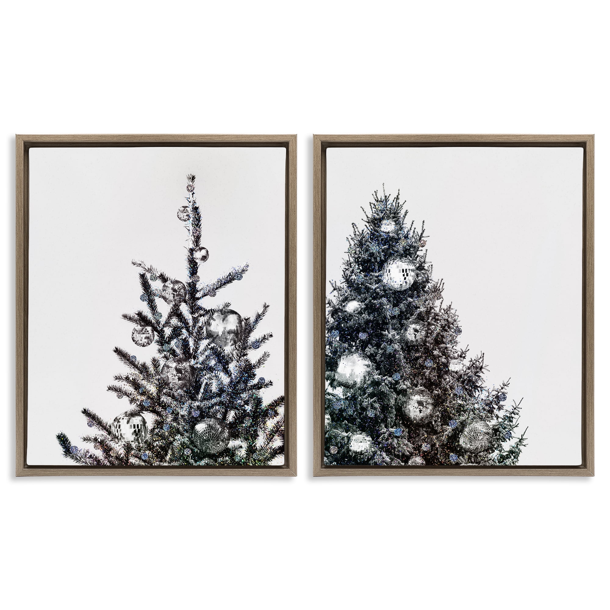 Stupell Industries Disco Ball Christmas Tree Holiday Photography Brown Floater Framed Canvas Art Print Wall Art, 17 x 21, Set of 2