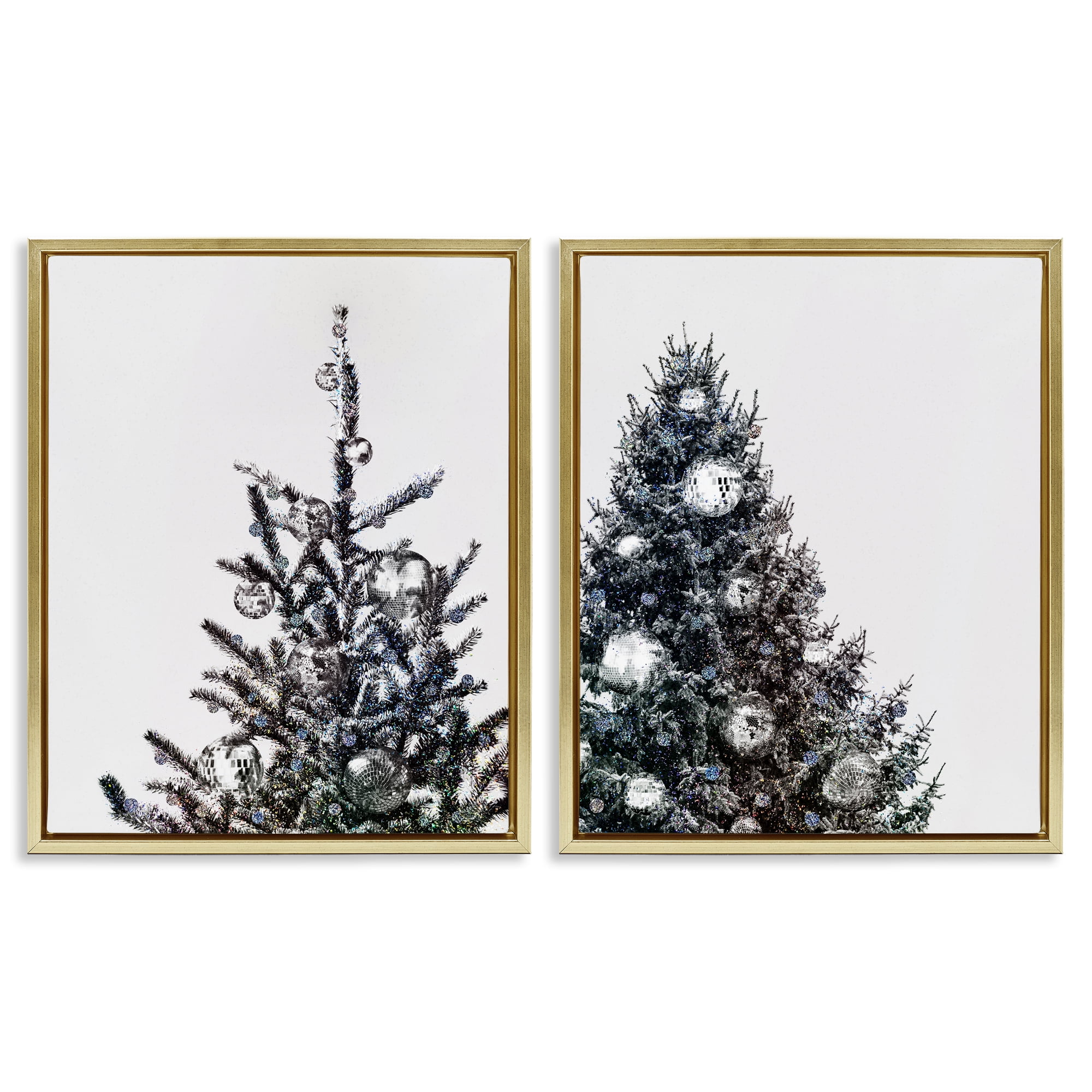 Stupell Industries Disco Ball Christmas Tree Holiday Photography Gold Floater Framed Canvas Art Print Wall Art, 17 x 21, Set of 2