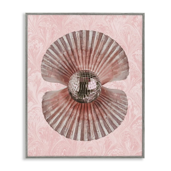 Stupell Industries Disco Ball Clam Pearl Fashion Painting Gray Framed Art Print Wall Art, 11 x 14