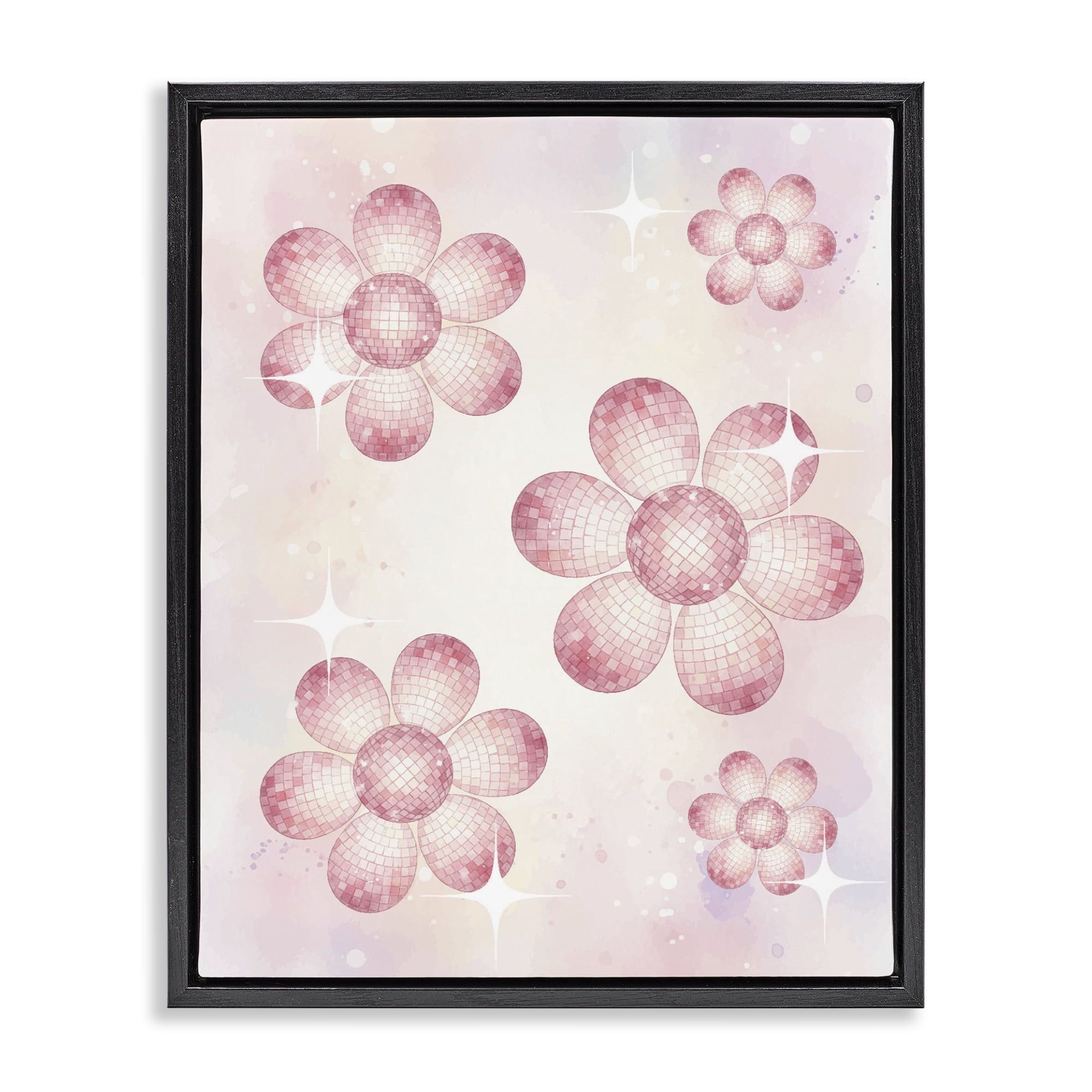 Stupell Industries Disco Ball Floral Patterns Black Framed Floater Canvas Wall Art, design by Lil' Rue
