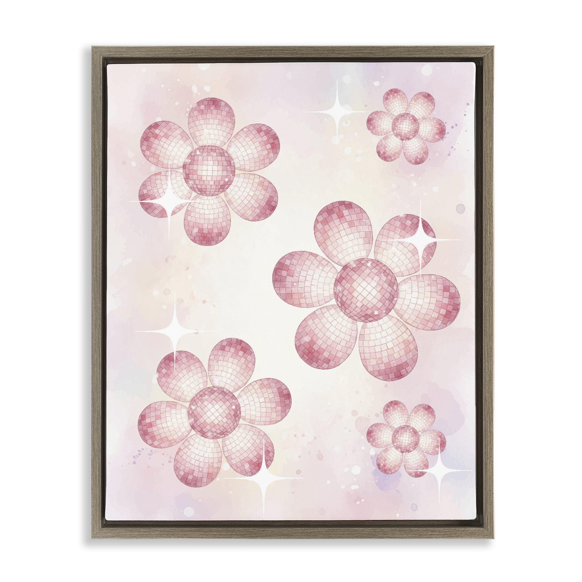 Stupell Industries Disco Ball Floral Patterns Brown Framed Floater Canvas Wall Art, design by Lil' Rue