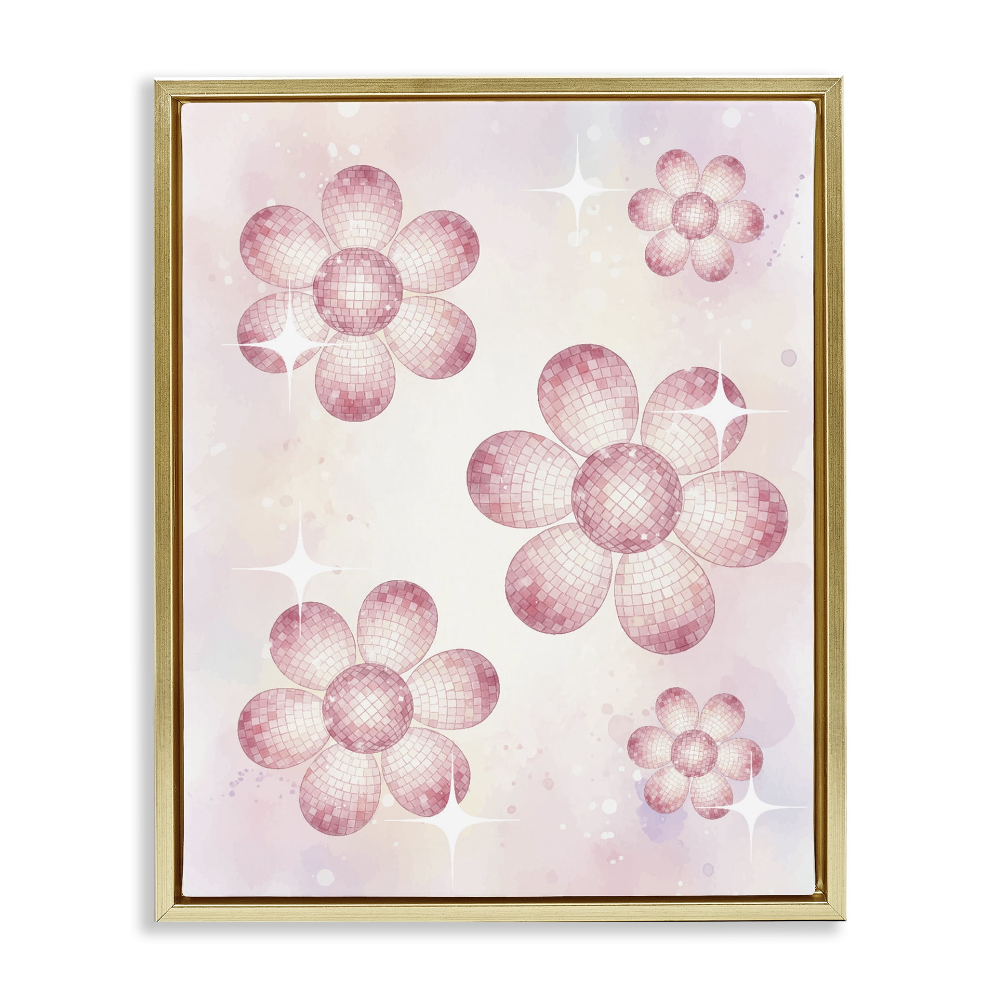 Stupell Industries Disco Ball Floral Patterns Gold Framed Floater Canvas Wall Art, design by Lil' Rue