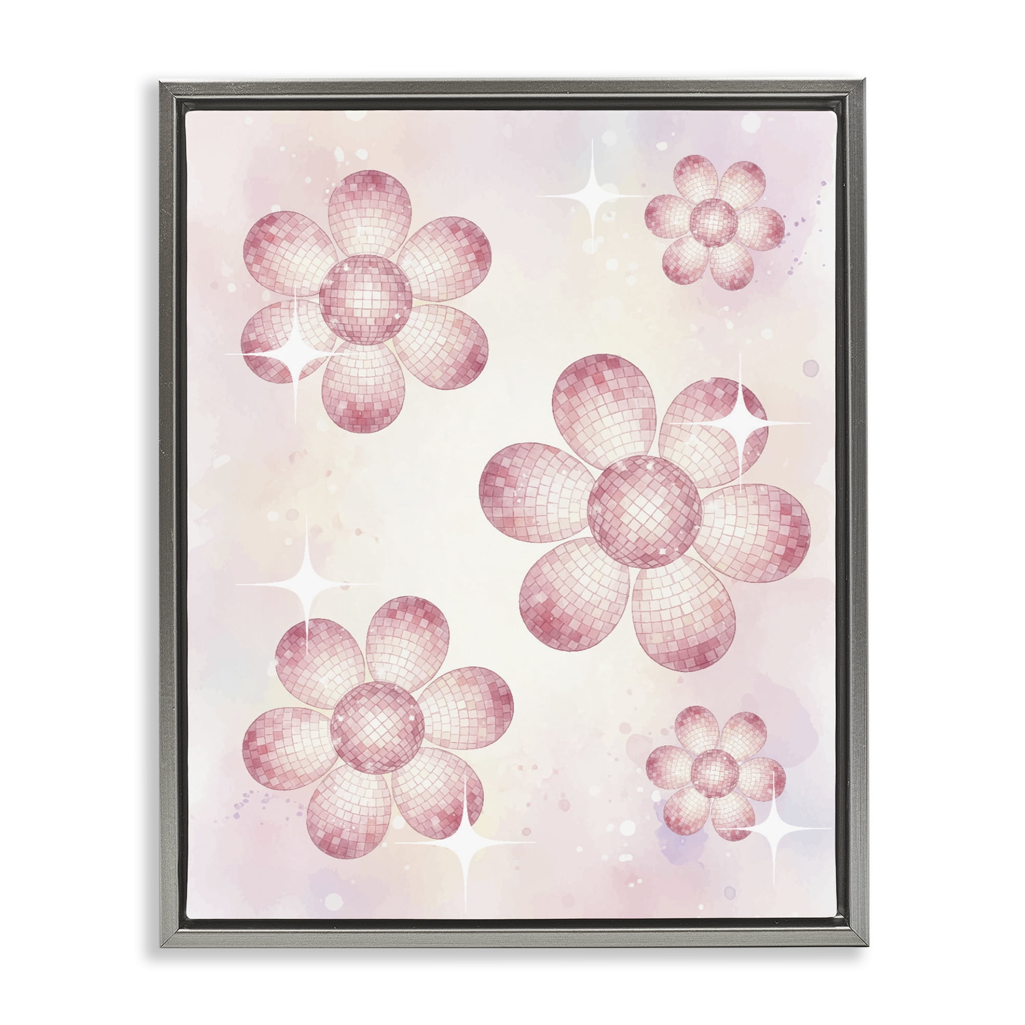 Stupell Industries Disco Ball Floral Patterns Gray Framed Floater Canvas Wall Art, design by Lil' Rue