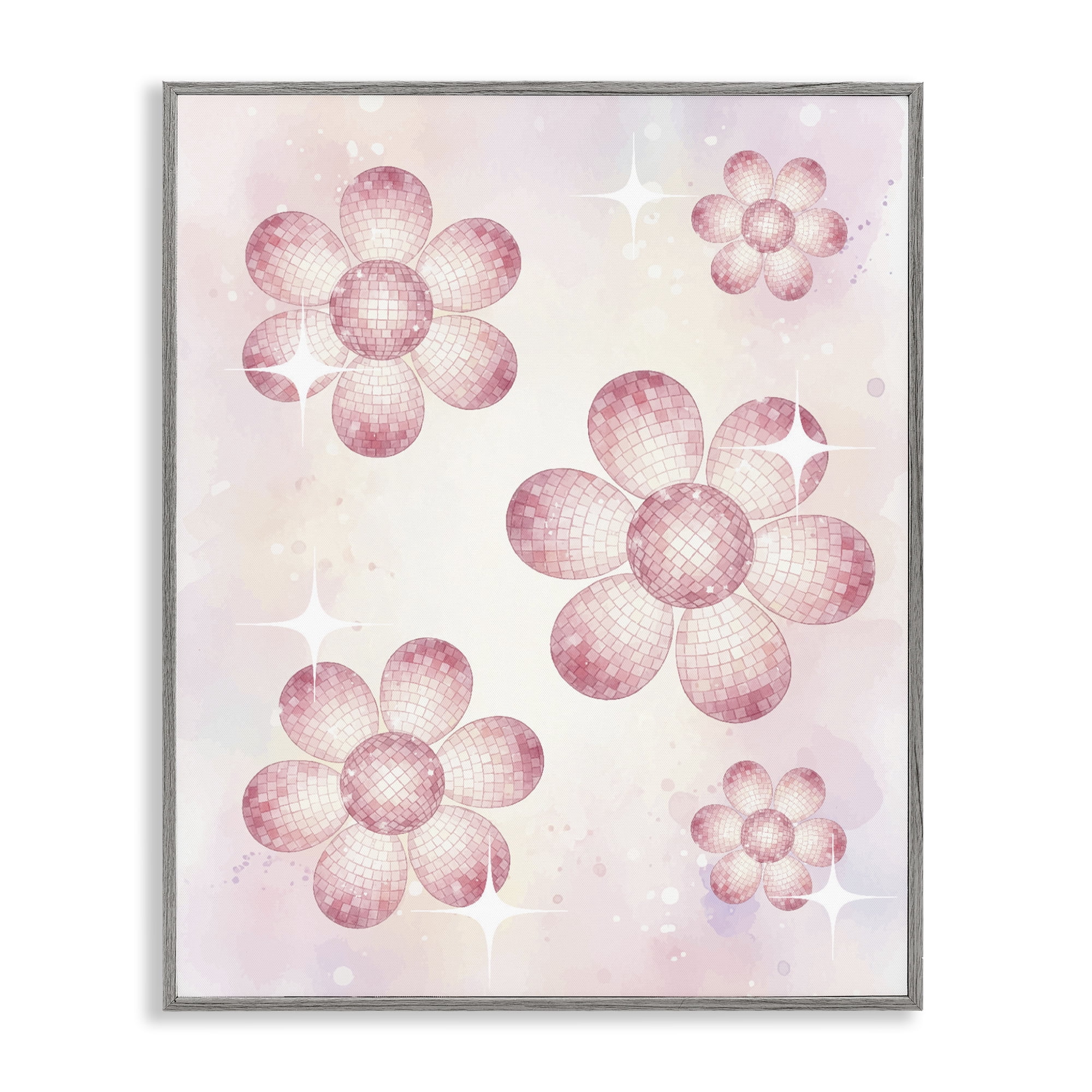 Stupell Industries Disco Ball Floral Patterns Gray Framed Giclee Art, design by Lil' Rue