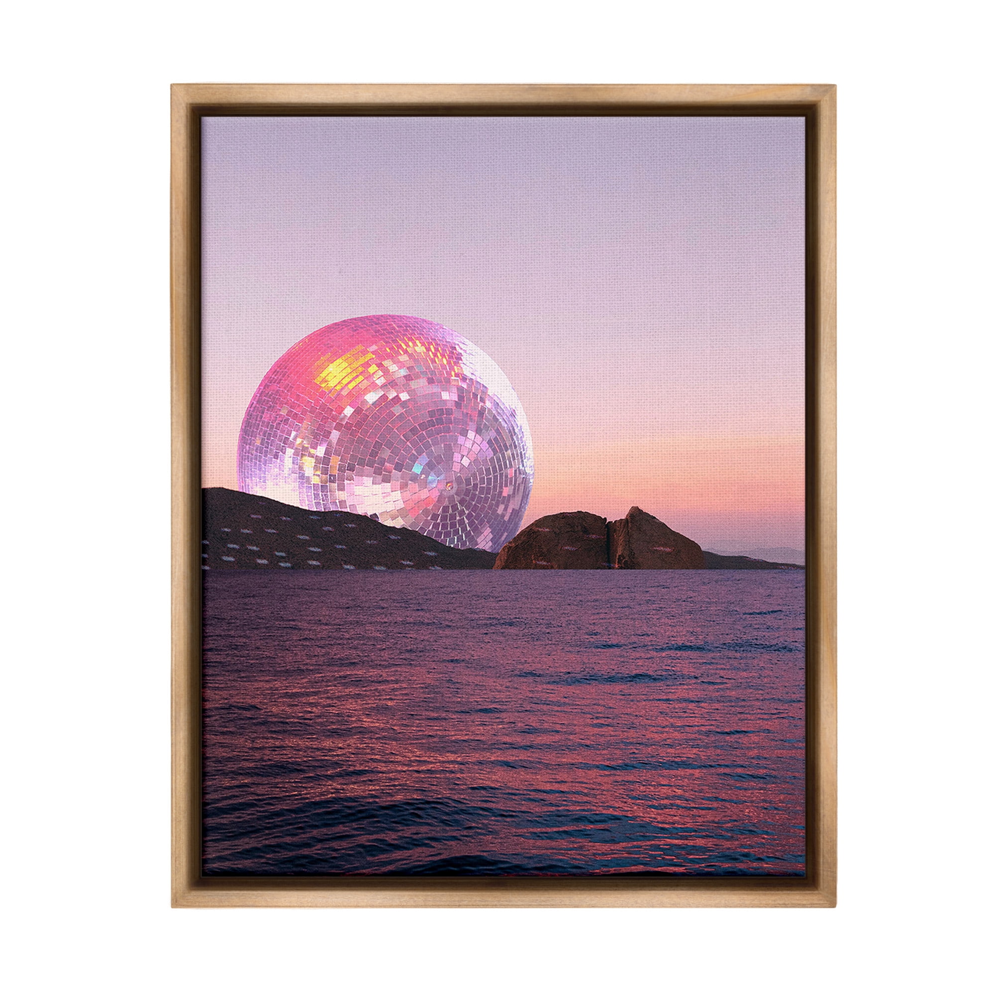 Stupell Industries Disco Ball Sunset Landscape Painting Brown Floater Framed Canvas Art Print Wall Art, 25 x 31