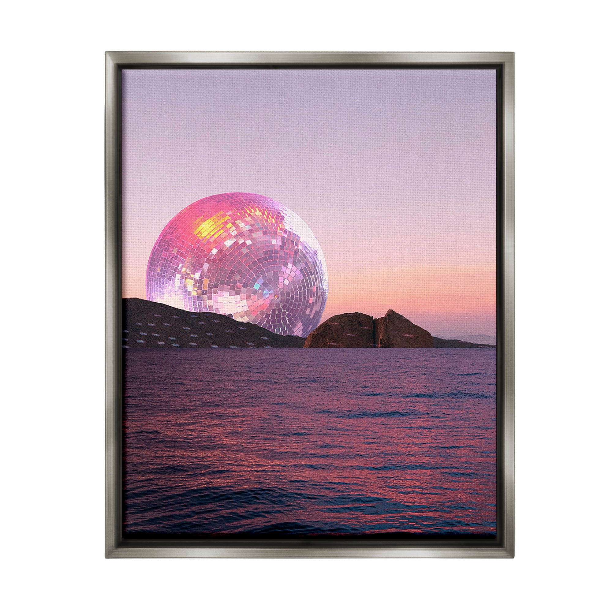 Stupell Industries Disco Ball Sunset Landscape Painting Gray Floater Framed Canvas Art Print Wall Art, 25 x 31