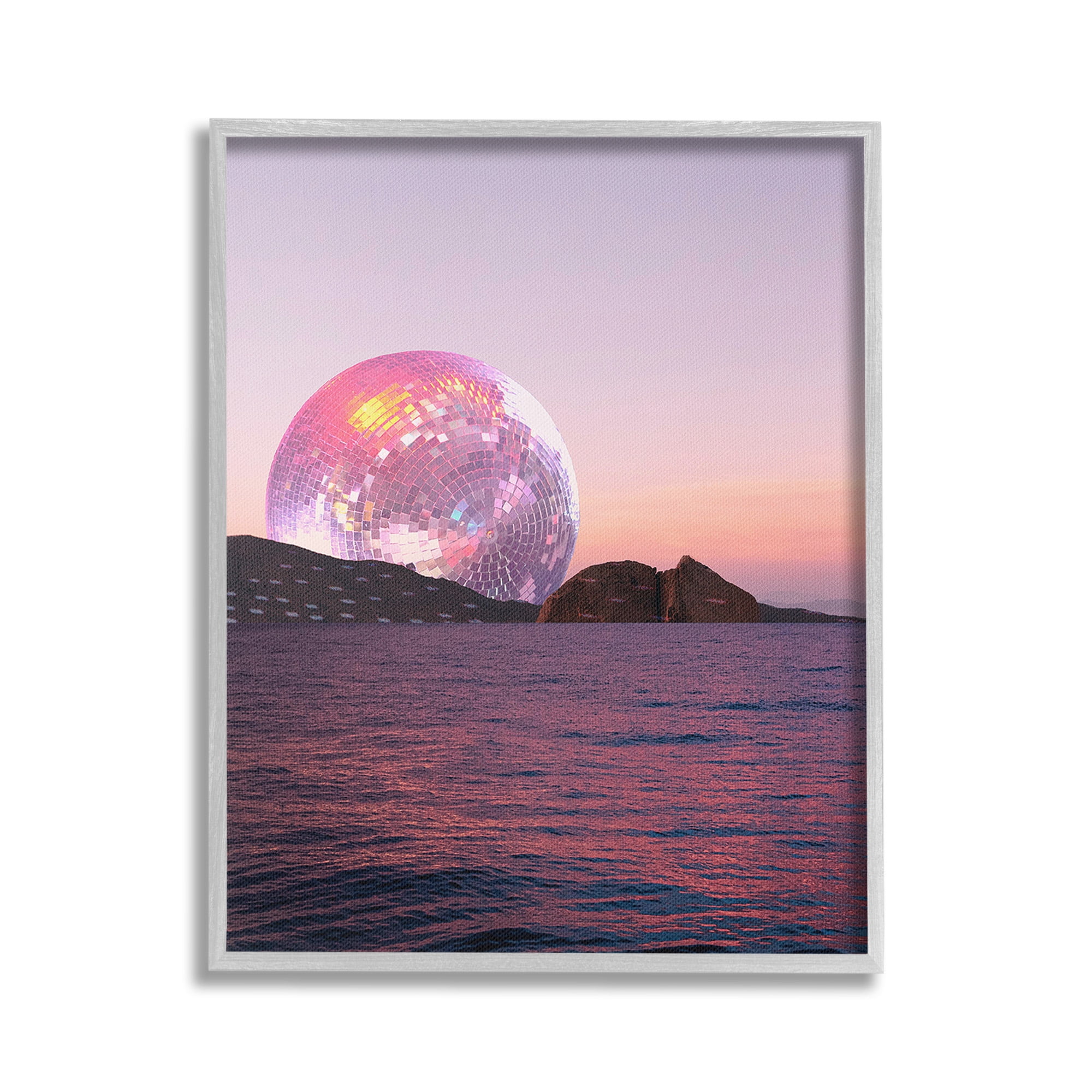 Stupell Industries Disco Ball Sunset Landscape Painting Gray Framed Art Print Wall Art, 24 x 30