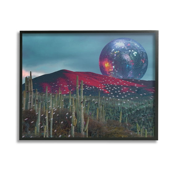 Stupell Industries Disco Ball in Desert Landscape Painting Black Framed Art Print Wall Art, 14 x 11