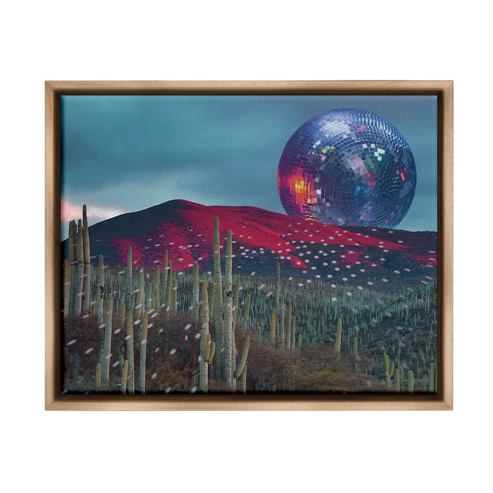 Stupell Industries Disco Ball in Desert Landscape Painting Brown Floater Framed Canvas Art Print Wall Art, 21 x 17