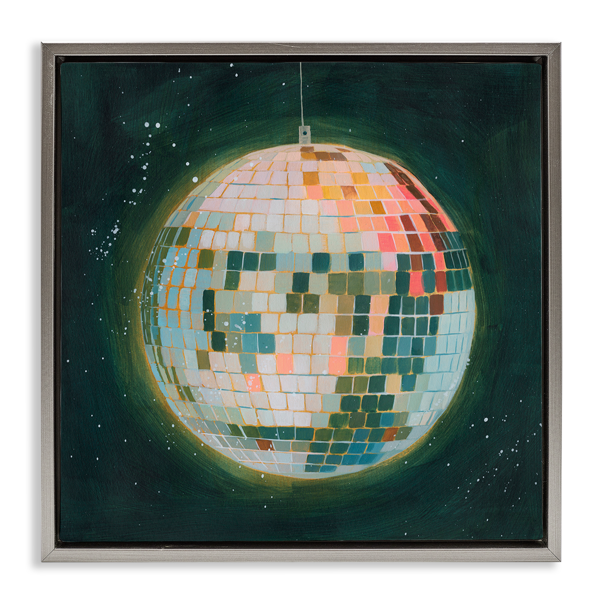 Stupell Industries Disco Ball in Space Entertainment Painting Gray Floater Framed Canvas Art Print Wall Art, 18 x 18