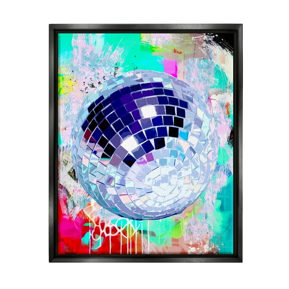 Stupell Industries Disco Ball on Graffiti Abstract Painting Black Floater Framed Art Print Wall Art, 17 x 21