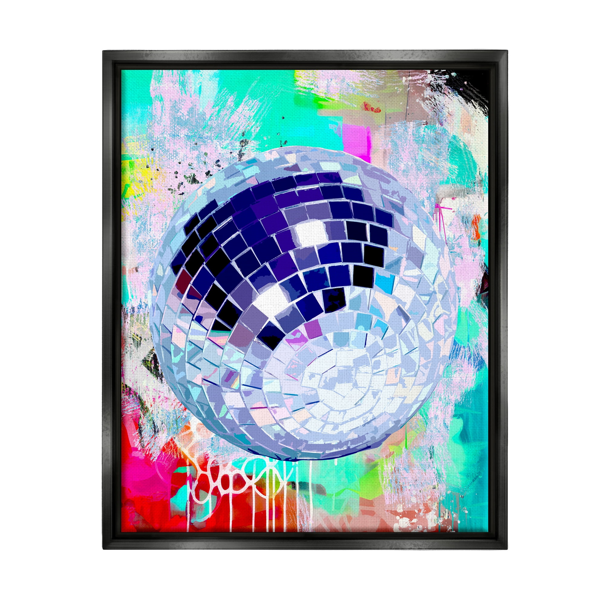 Stupell Industries Disco Ball on Graffiti Abstract Painting Black Floater Framed Art Print Wall Art, 25 x 31