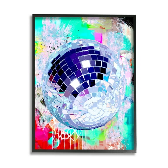 Stupell Industries Disco Ball on Graffiti Abstract Painting Black Framed Art Print Wall Art, 16 x 20