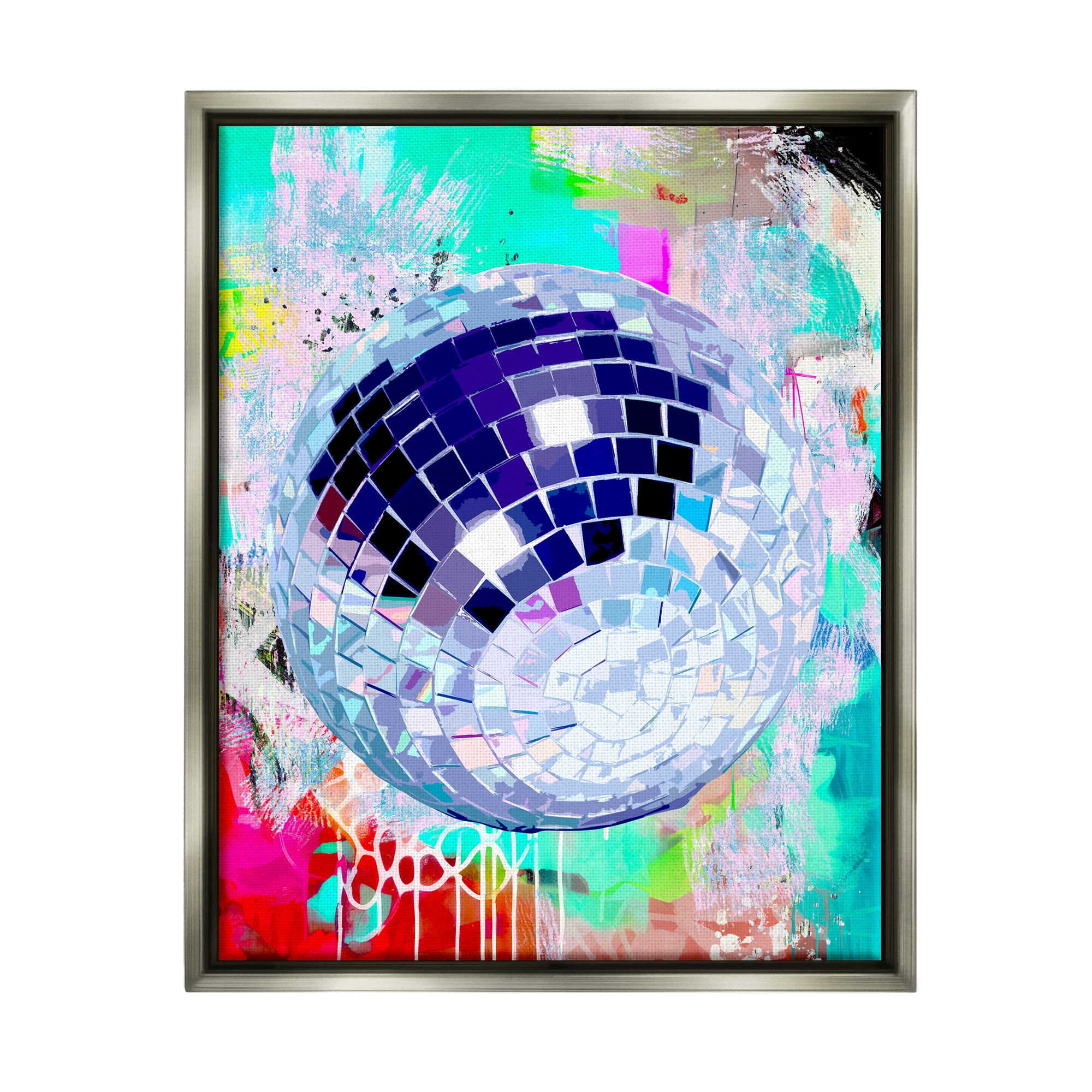 Stupell Industries Disco Ball on Graffiti Abstract Painting Gray Floater Framed Art Print Wall Art, 17 x 21