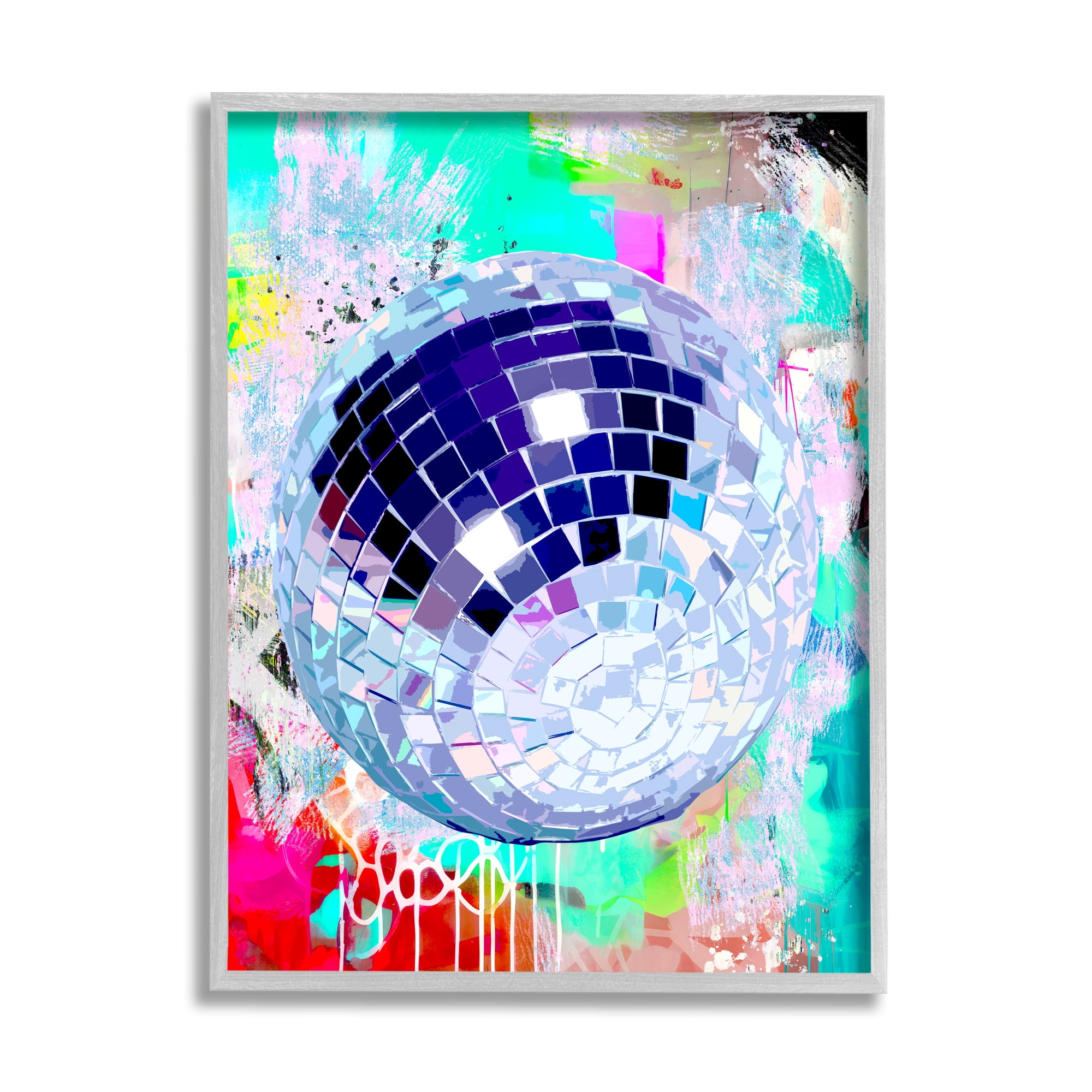 Stupell Industries Disco Ball on Graffiti Abstract Painting Gray Framed Art Print Wall Art, 24 x 30