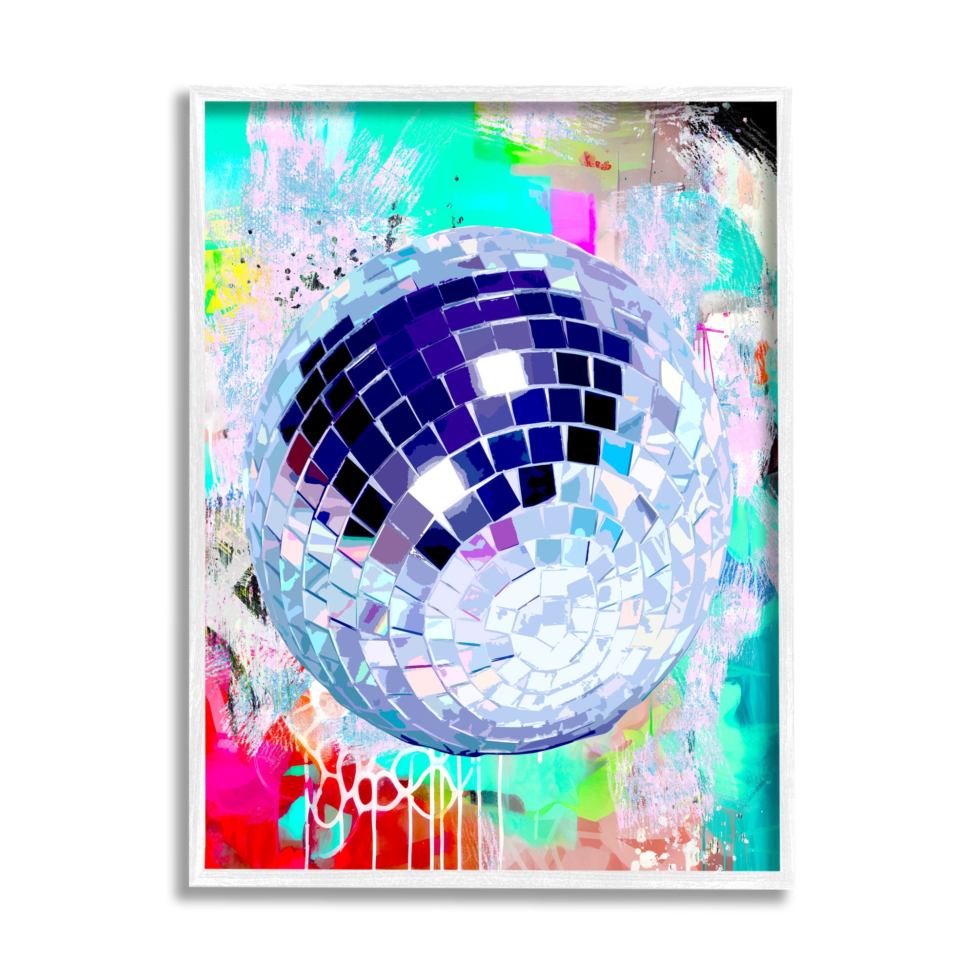 Stupell Industries Disco Ball on Graffiti Abstract Painting White Framed Art Print Wall Art, 16 x 20
