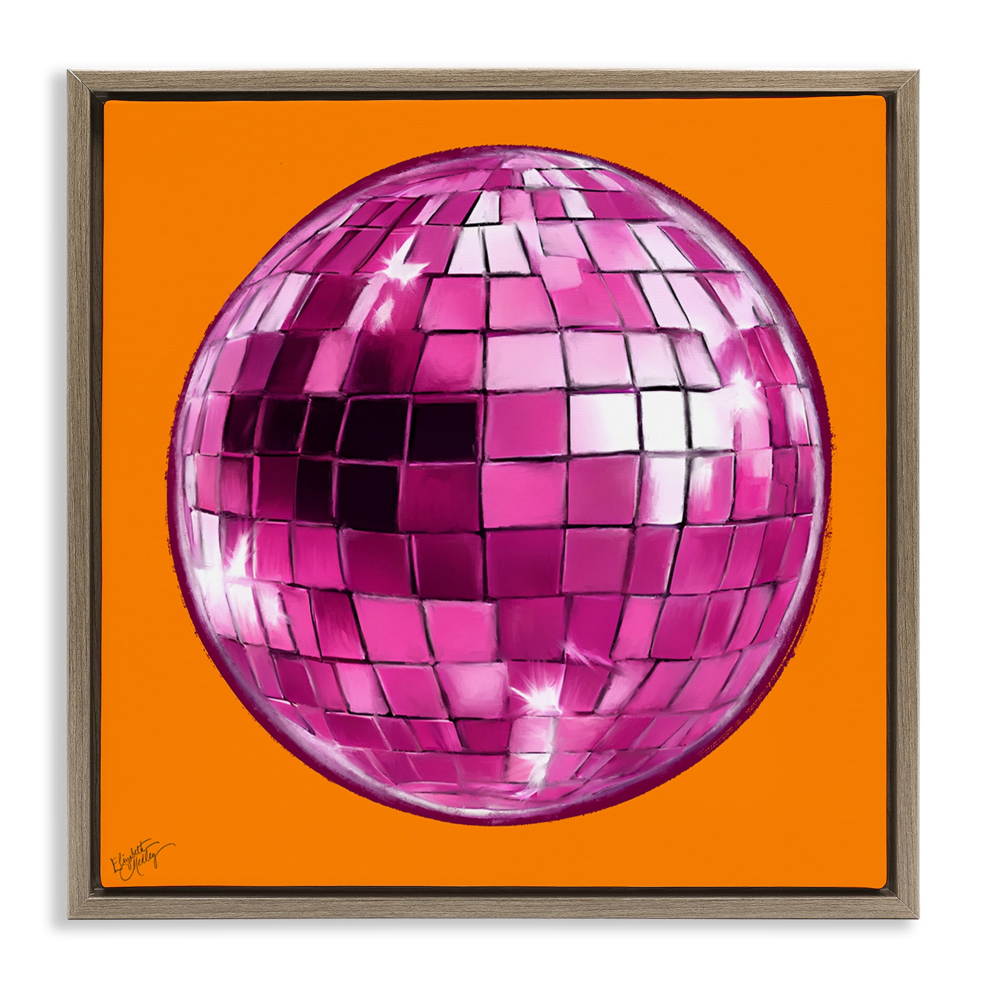 Stupell Industries Disco Ball on Orange Novelty & Humor Painting Brown Floater Framed Canvas Art Print Wall Art, 18 x 18