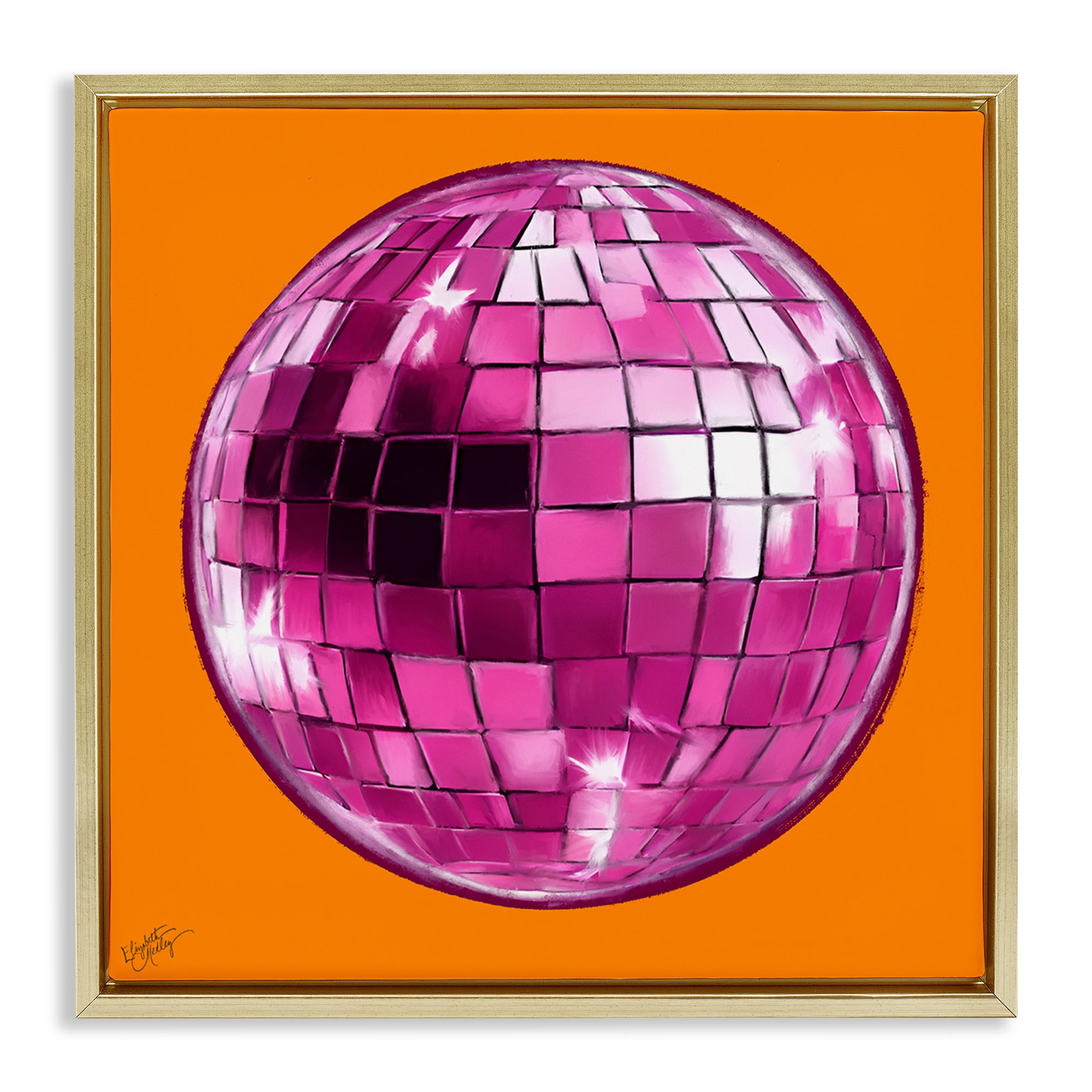 Stupell Industries Disco Ball on Orange Novelty & Humor Painting Gold Floater Framed Canvas Art Print Wall Art, 18 x 18
