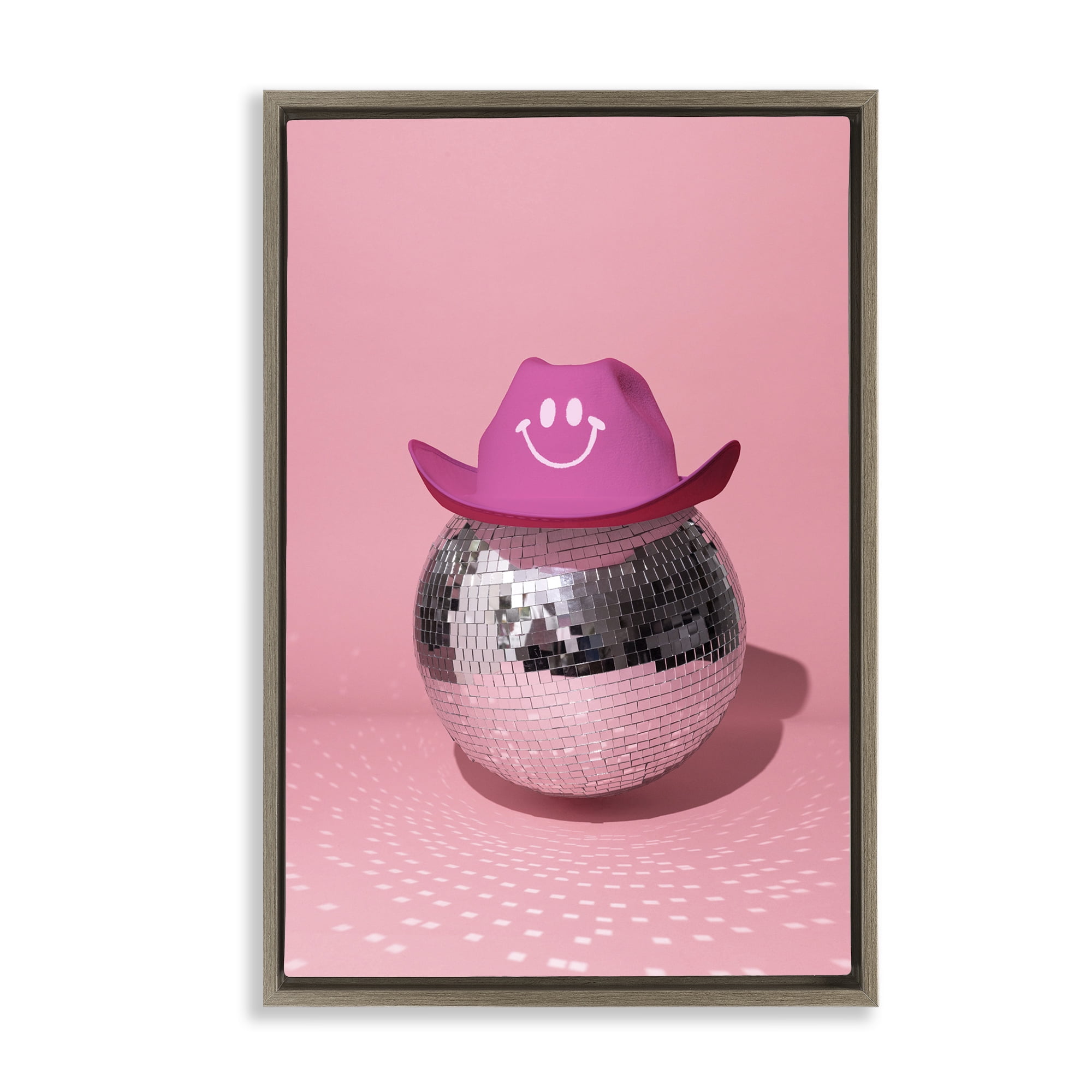 Stupell Industries Disco Ball with Cowboy Hat Performing Arts Painting Brown Floater Framed Art Print Wall Art, 17 x 25