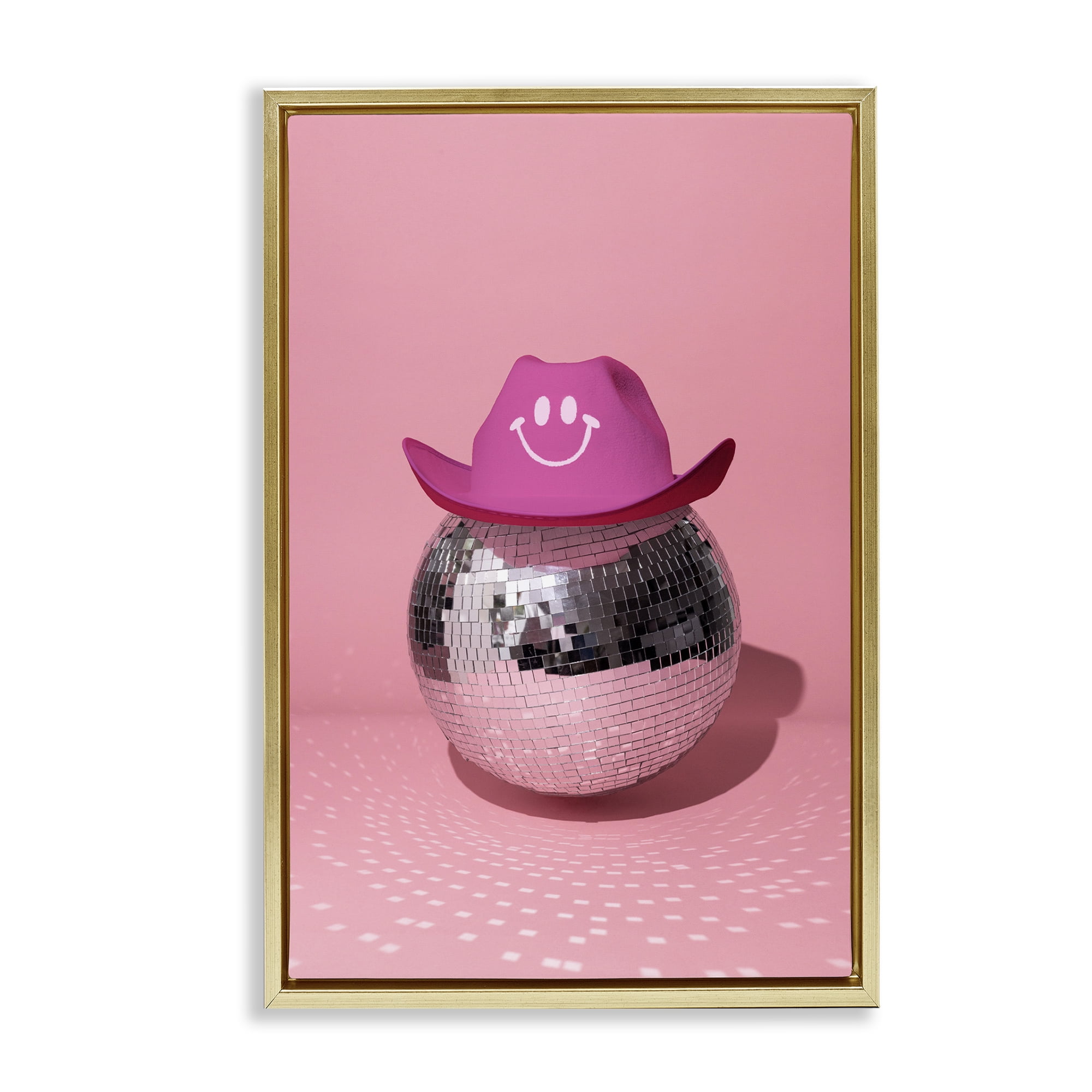 Stupell Industries Disco Ball with Cowboy Hat Performing Arts Painting Gold Floater Framed Art Print Wall Art, 17 x 25