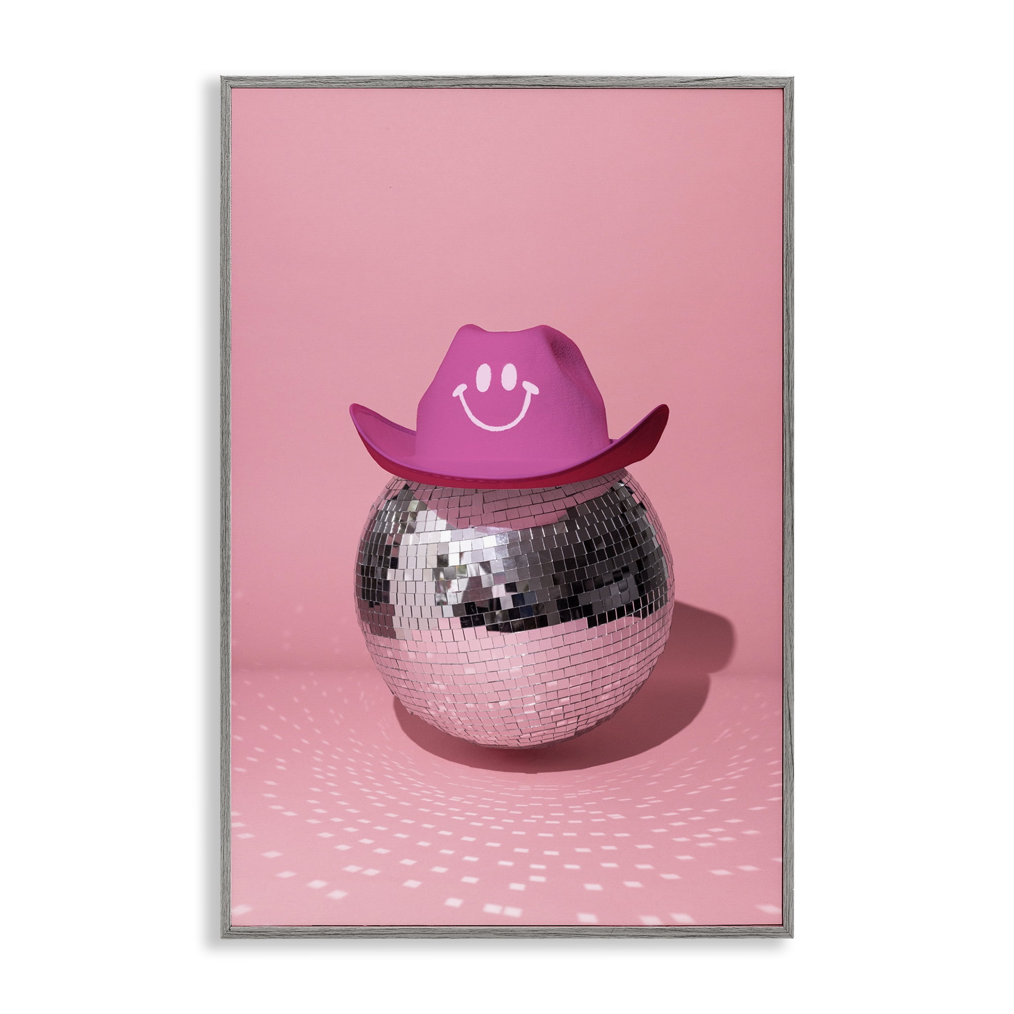 Stupell Industries Disco Ball with Cowboy Hat Performing Arts Painting Gray Framed Art Print Wall Art, 16 x 24