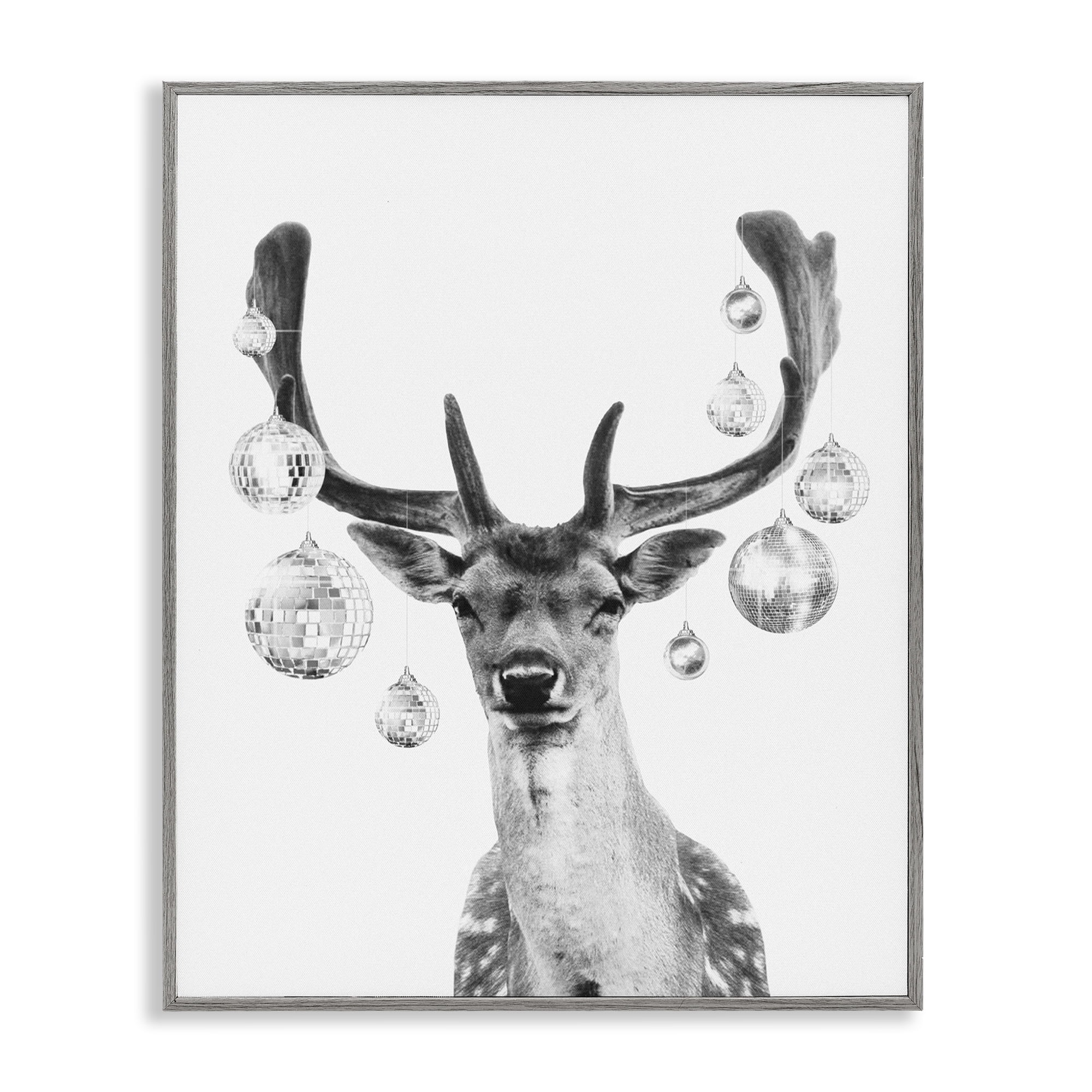 Stupell Industries Disco Balls & Fawn Animals & Insects Painting Gray Framed Art Print Wall Art, 11 x 14