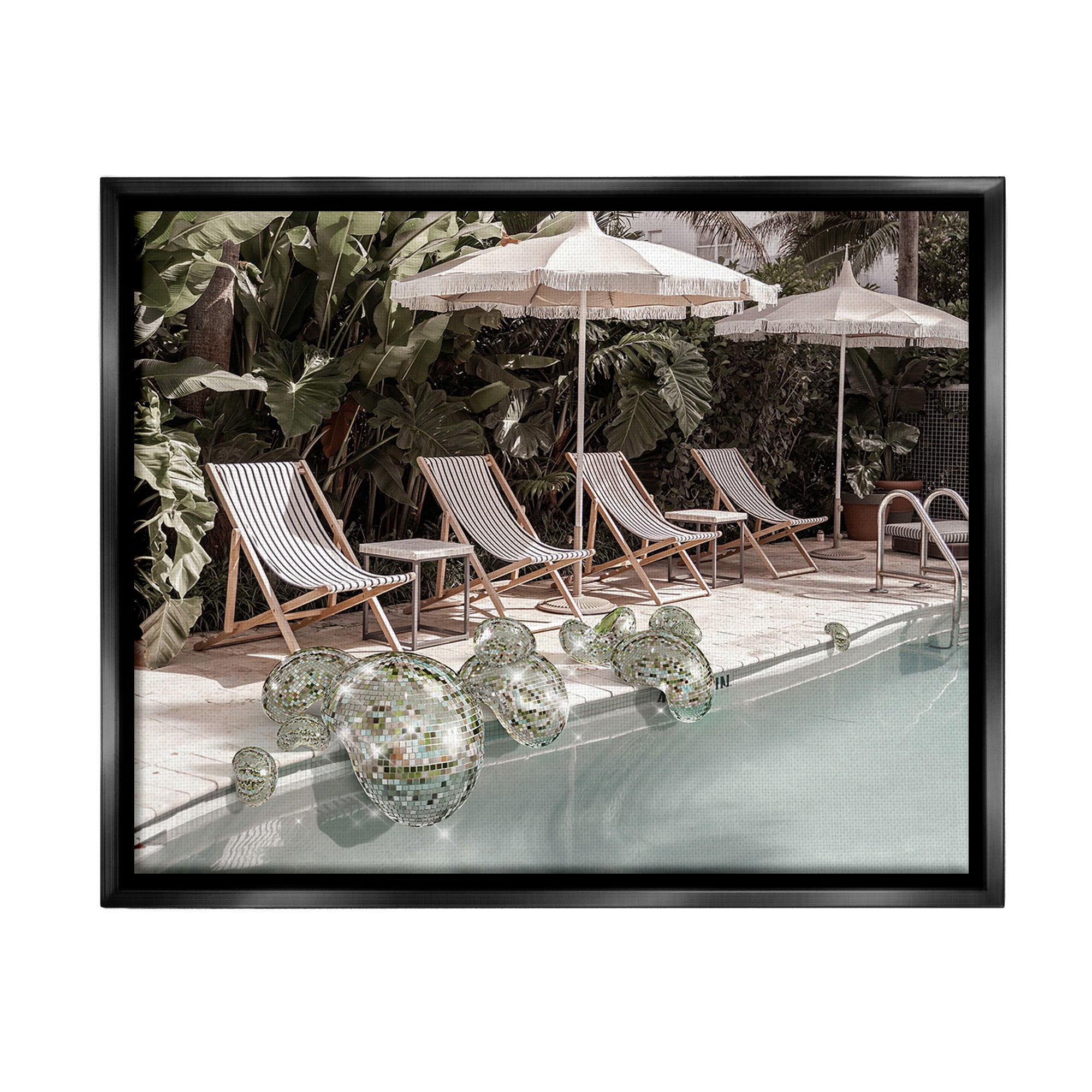 Stupell Industries Disco Balls at Pool Nature Painting Black Floater Framed Canvas Art Print Wall Art, 31 x 25
