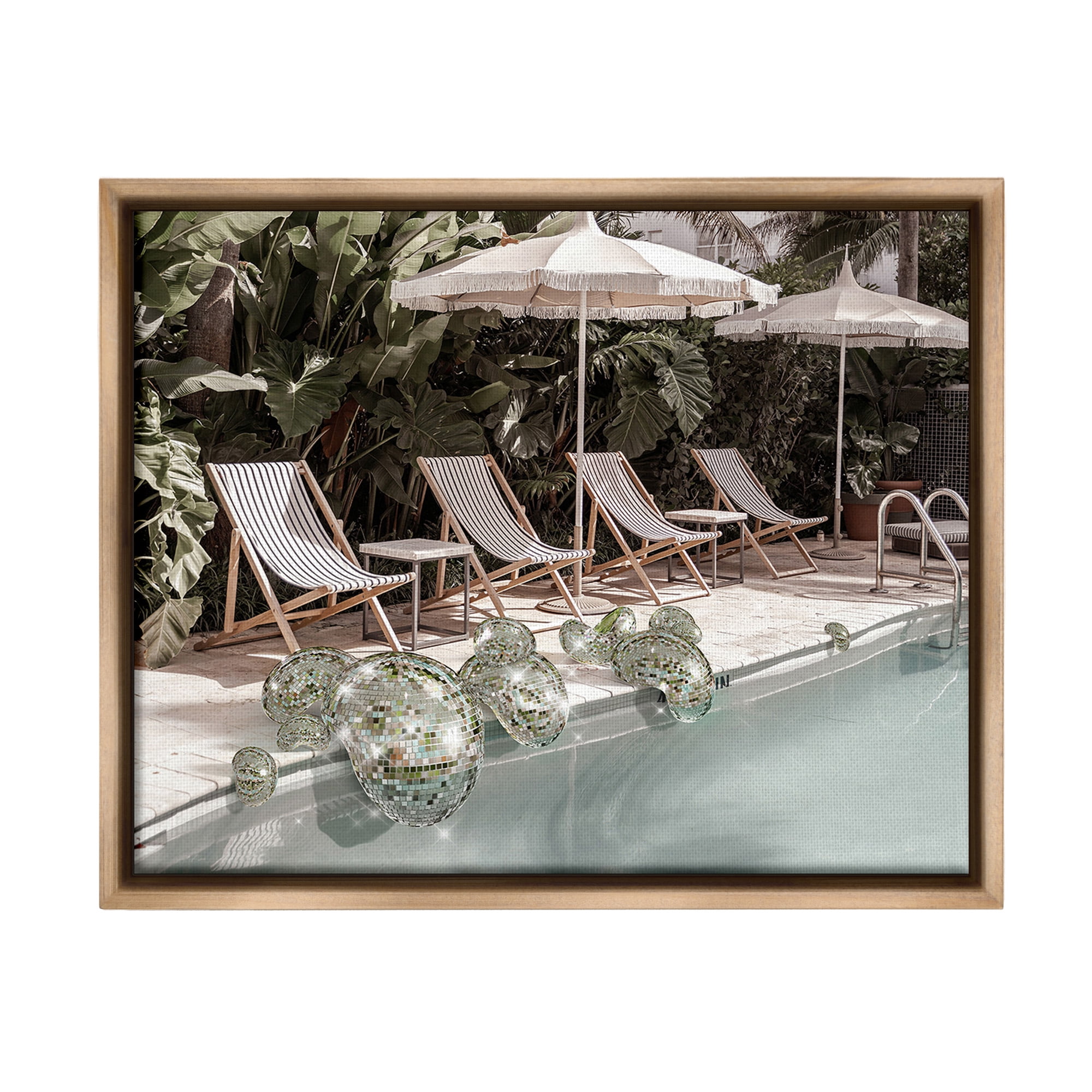 Stupell Industries Disco Balls at Pool Nature Painting Brown Floater Framed Canvas Art Print Wall Art, 31 x 25