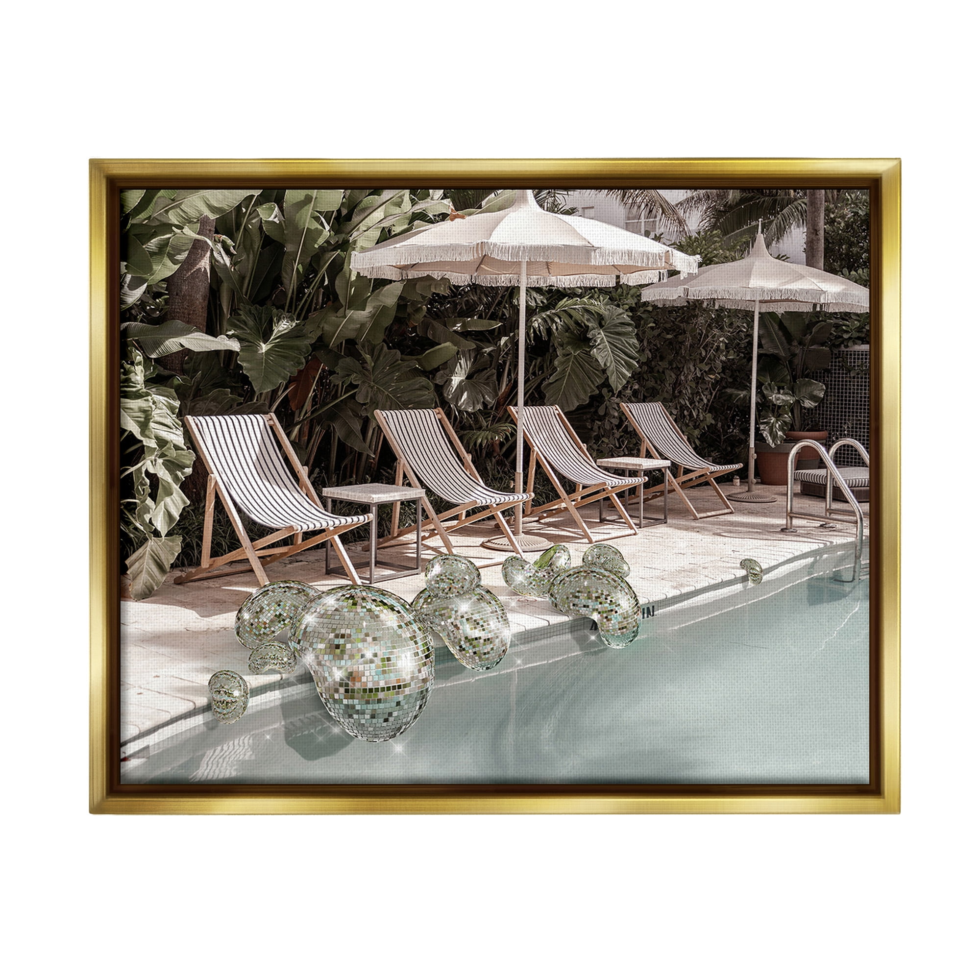 Stupell Industries Disco Balls at Pool Nature Painting Gold Floater Framed Canvas Art Print Wall Art, 21 x 17