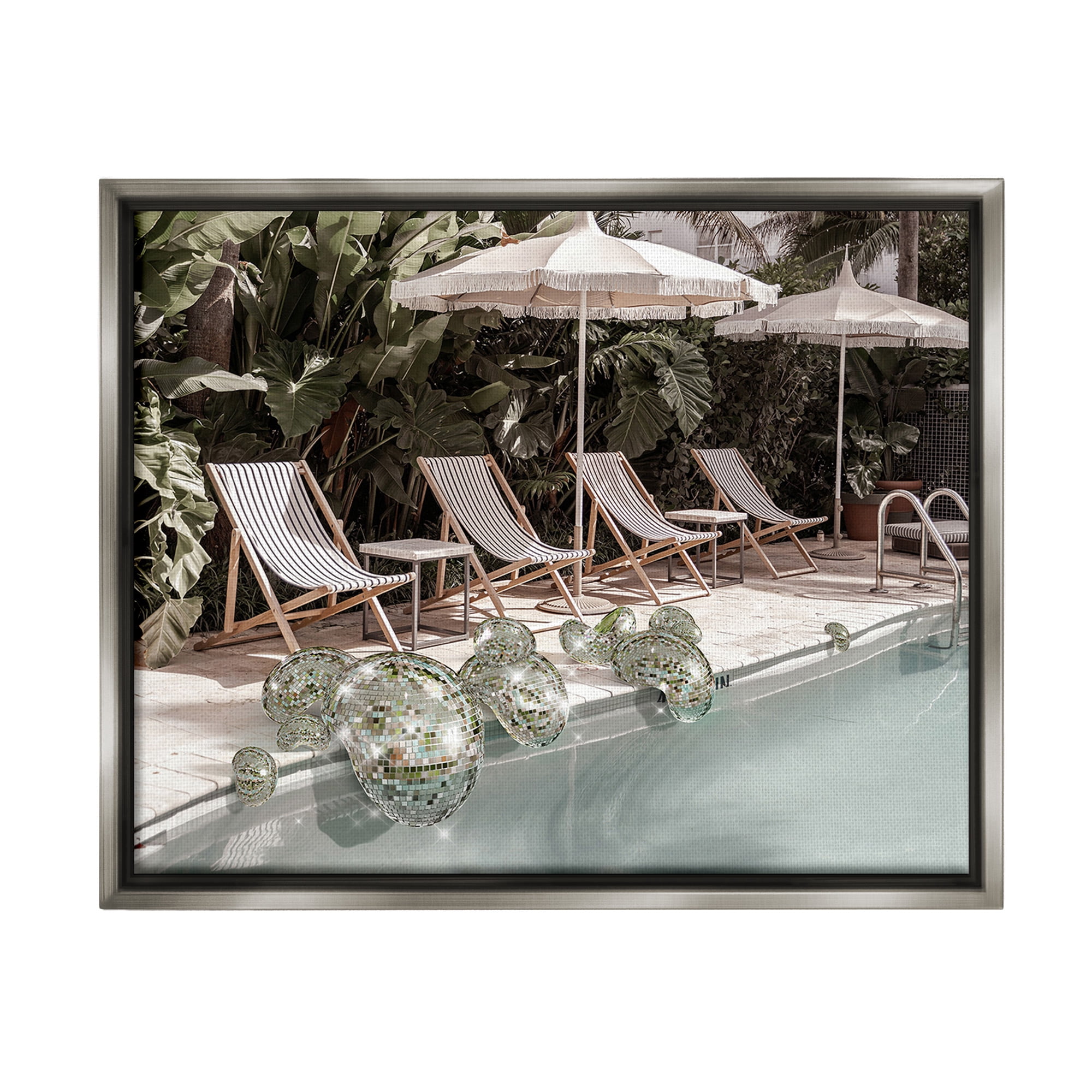 Stupell Industries Disco Balls at Pool Nature Painting Gray Floater Framed Canvas Art Print Wall Art, 21 x 17
