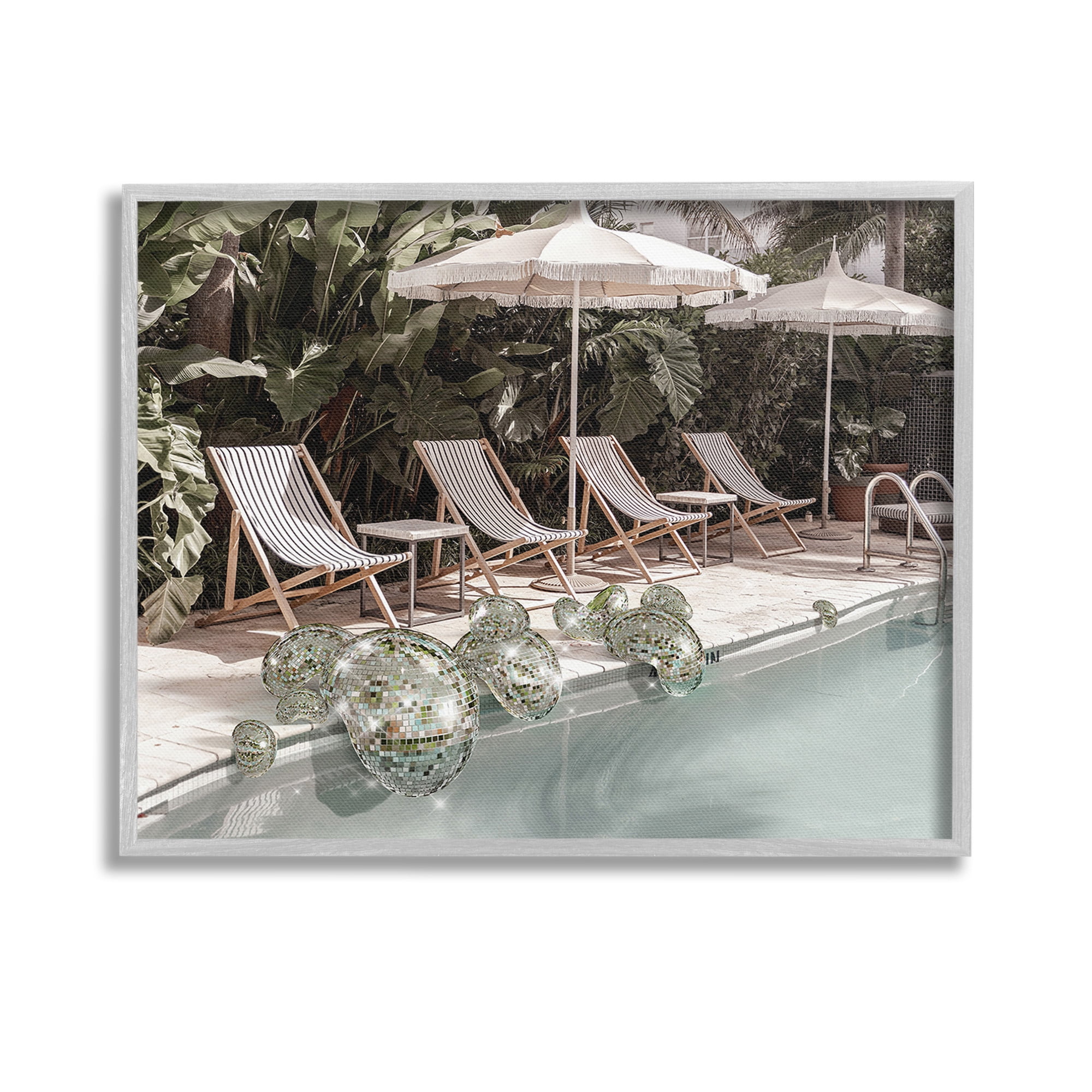 Stupell Industries Disco Balls at Pool Nature Painting Gray Framed Art Print Wall Art, 14 x 11