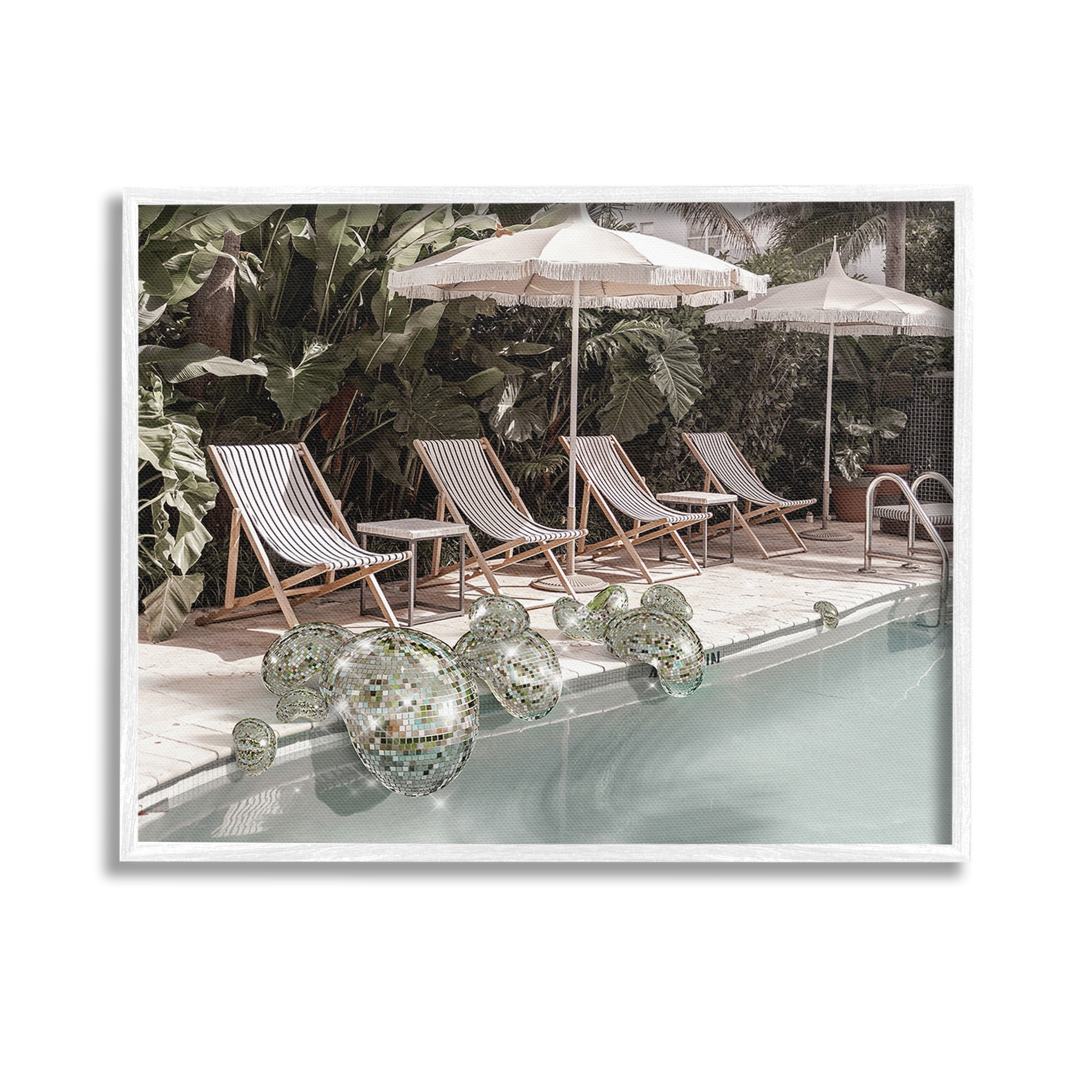 Stupell Industries Disco Balls at Pool Nature Painting White Framed Art Print Wall Art, 14 x 11