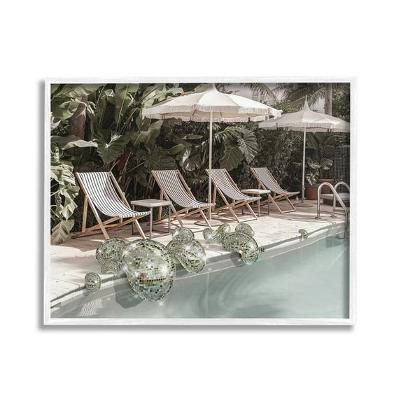 Stupell Industries Disco Balls at Pool Nature Painting White Framed Art Print Wall Art, 20 x 16