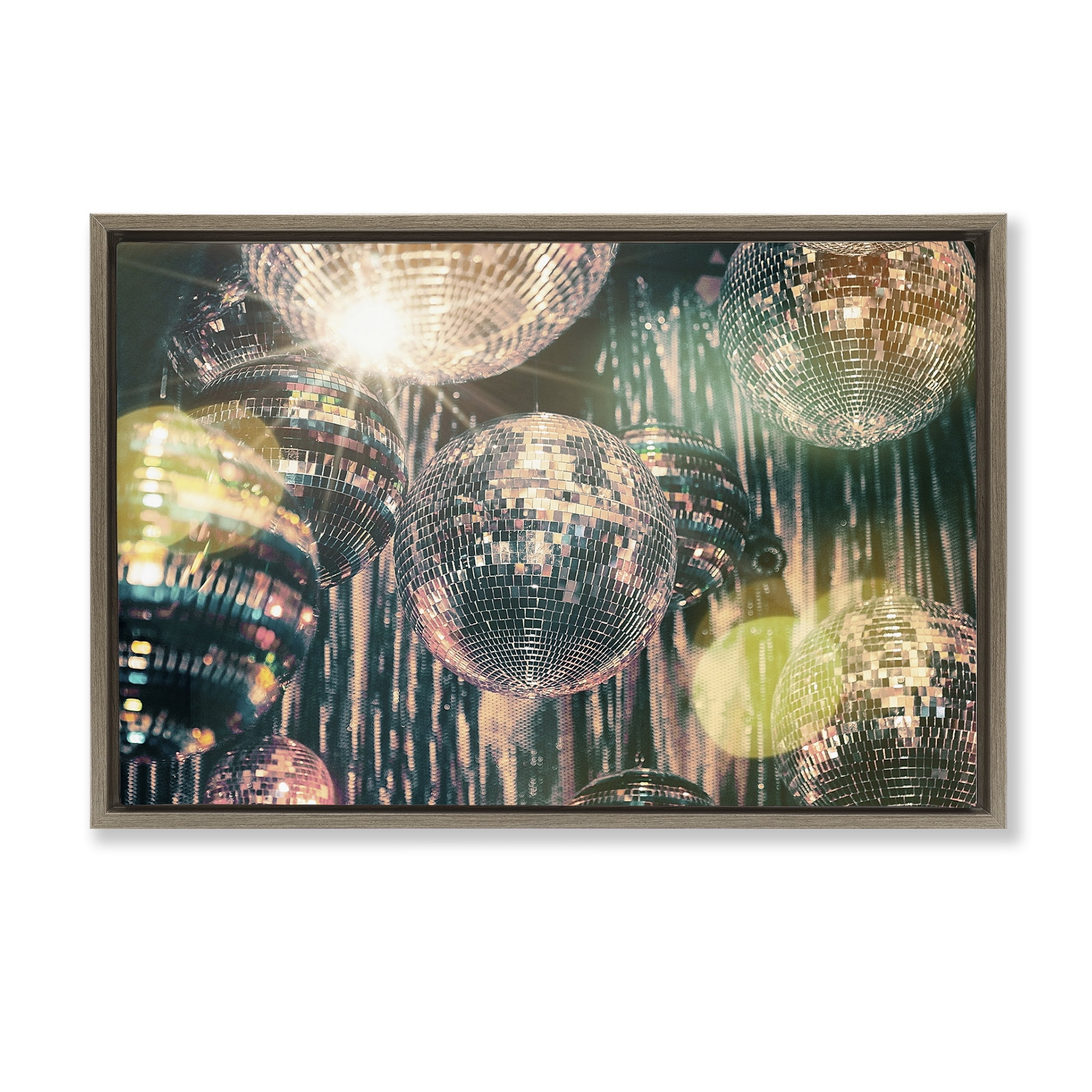 Stupell Industries Disco Balls with Bokeh Fashion Painting Brown Floater Framed Canvas Art Print Wall Art, 31 x 21