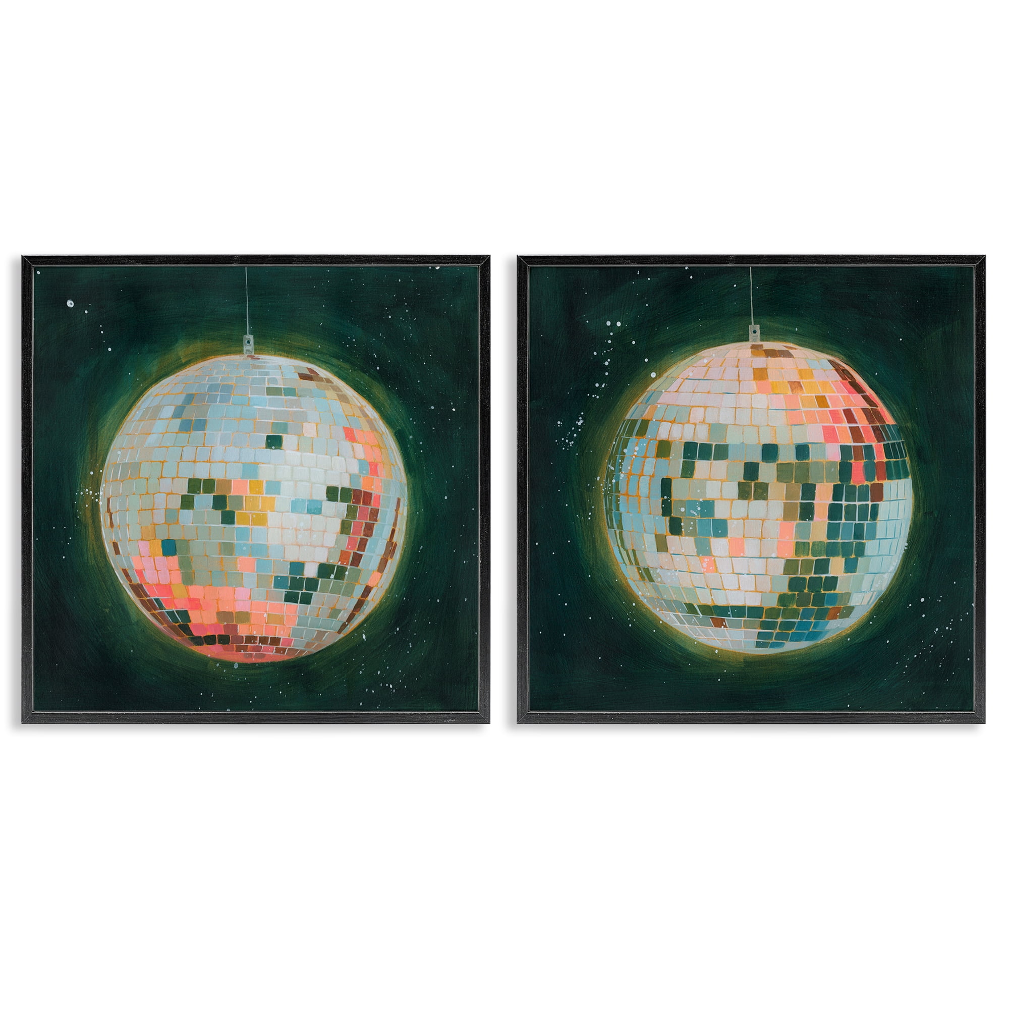 Stupell Industries Disco Balls with Vivid Hues Entertainment Painting Black Framed Art Print Wall Art, 12 x 12, Set of 2