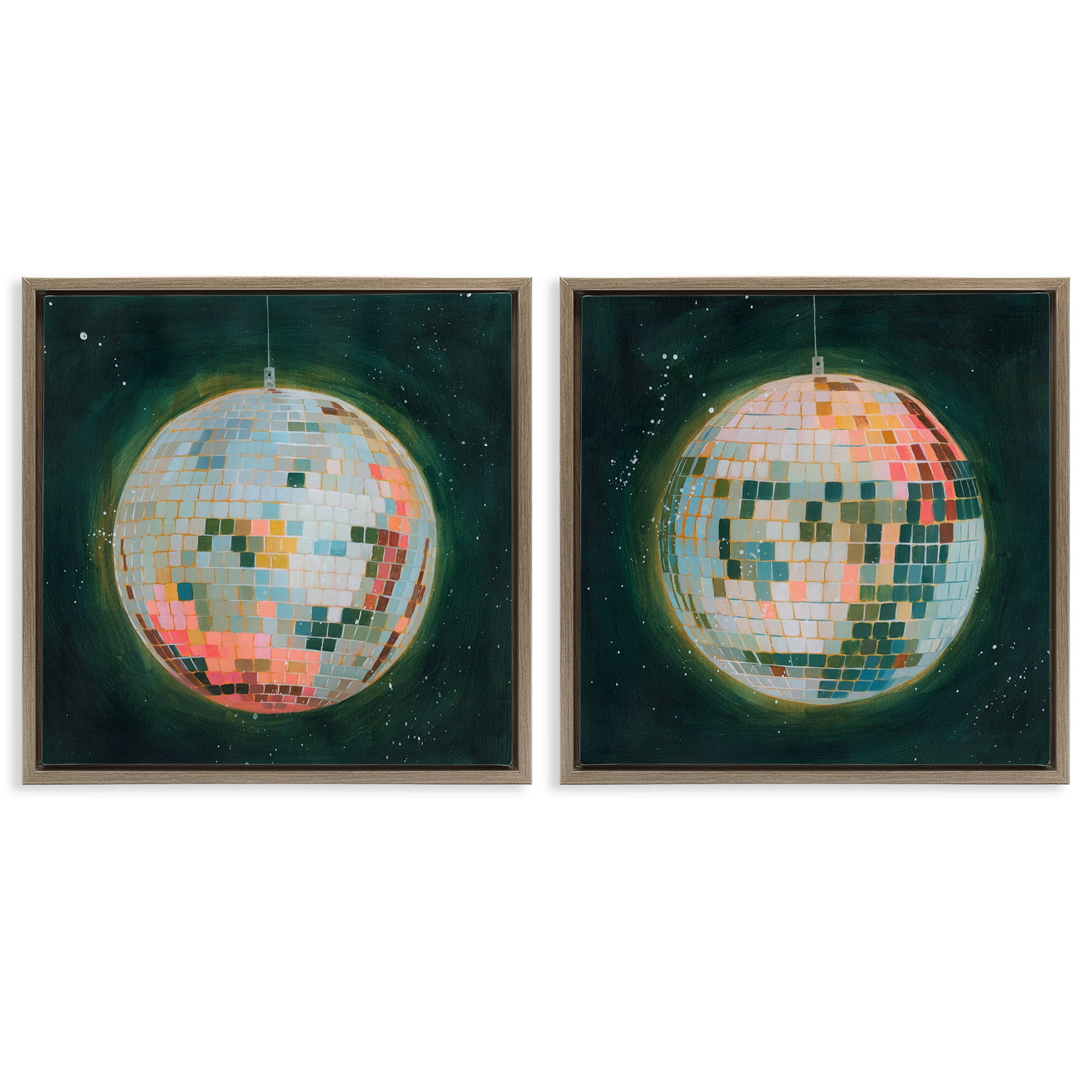 Stupell Industries Disco Balls with Vivid Hues Entertainment Painting Brown Floater Framed Canvas Art Print Wall Art, 18 x 18, Set of 2