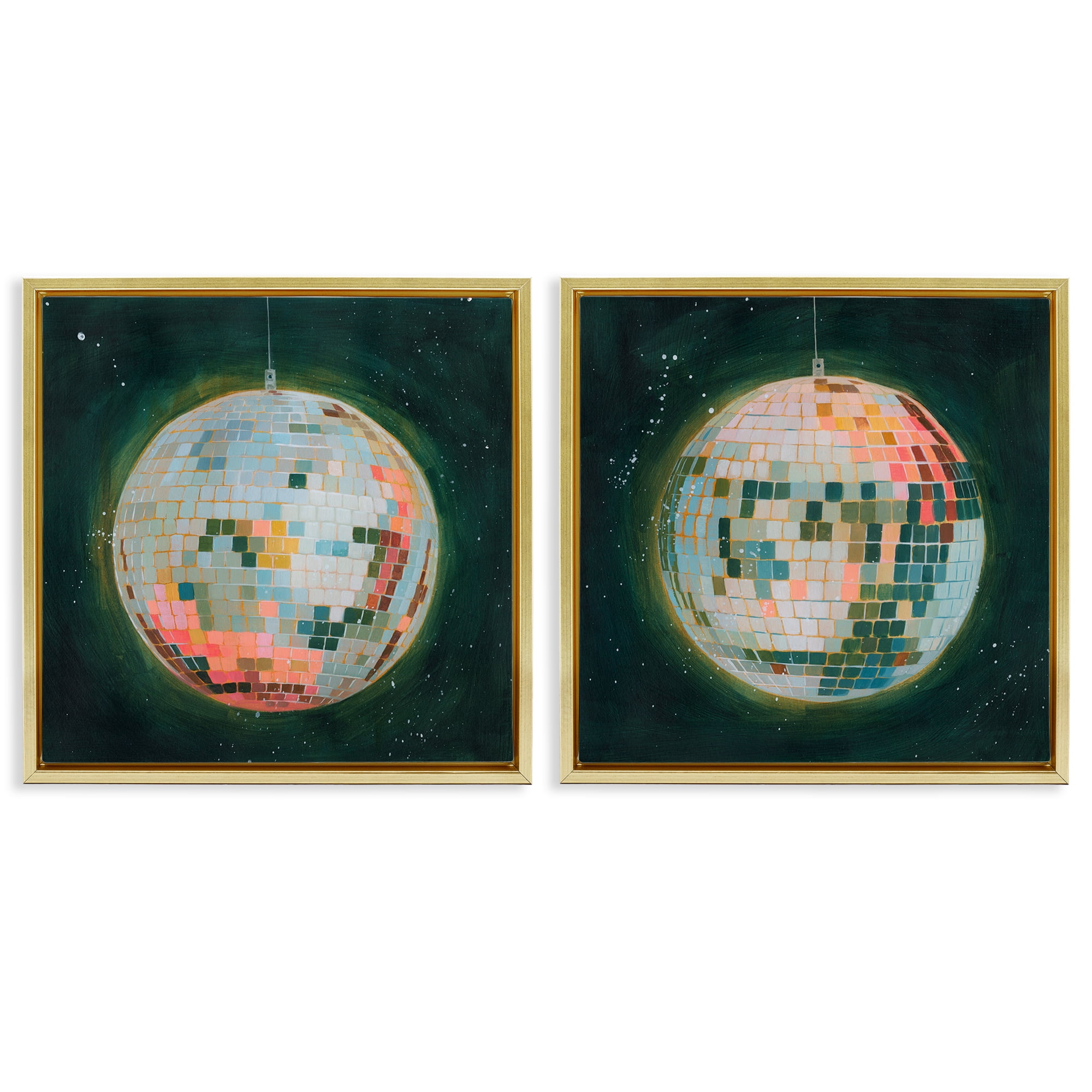 Stupell Industries Disco Balls with Vivid Hues Entertainment Painting Gold Floater Framed Canvas Art Print Wall Art, 18 x 18, Set of 2